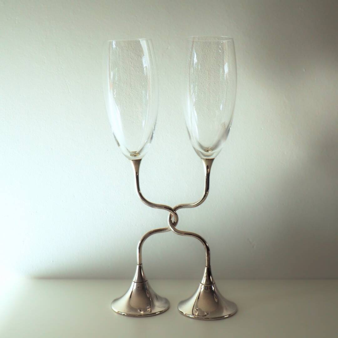 Vintage Pair of Crystal Silver Wedding Anniversary Champagne Flutes