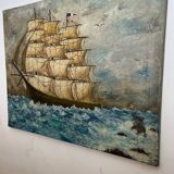 Oil on canvas three masted ship