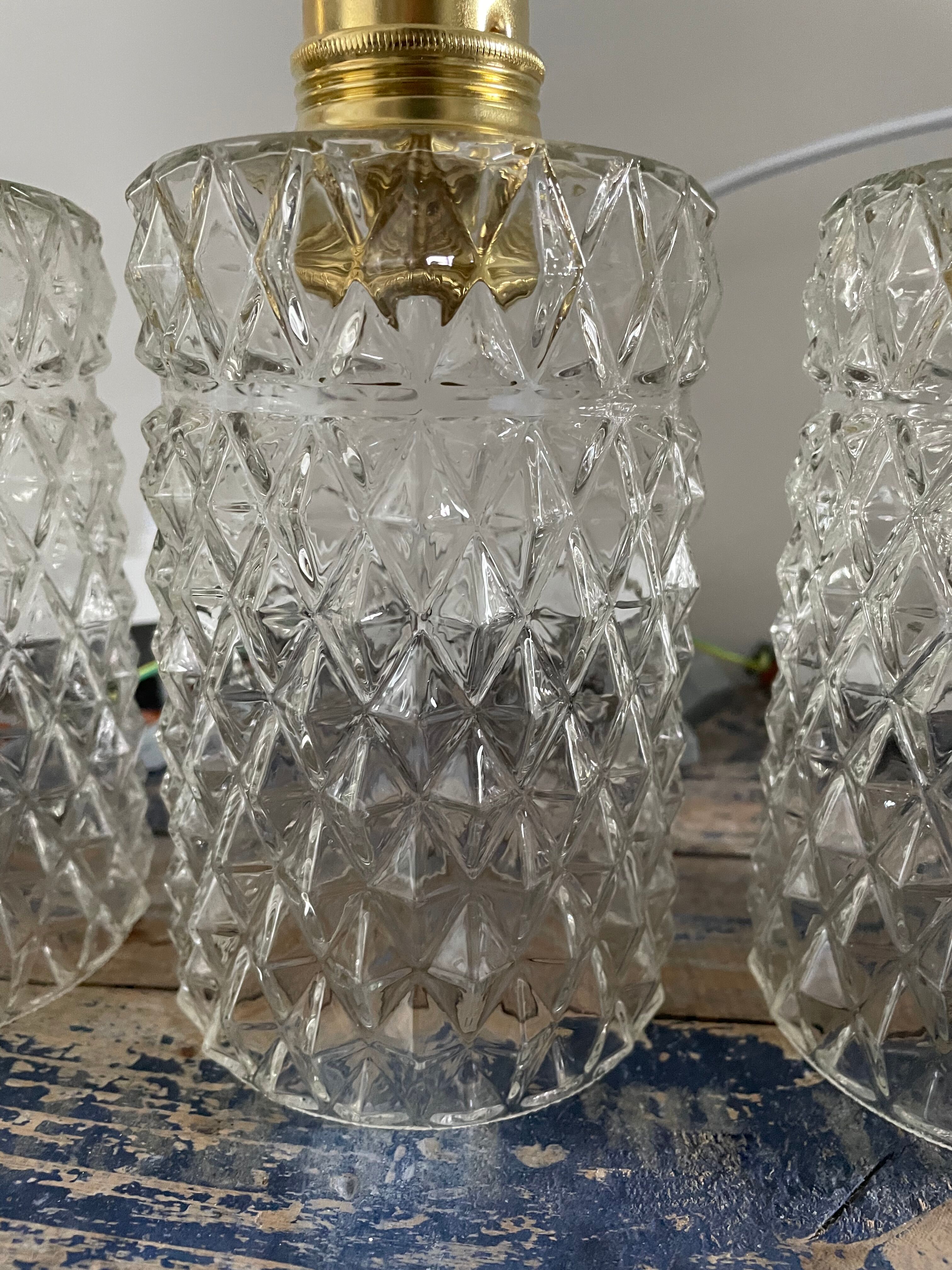 Set of three vintage pendant lamps in chiseled glass