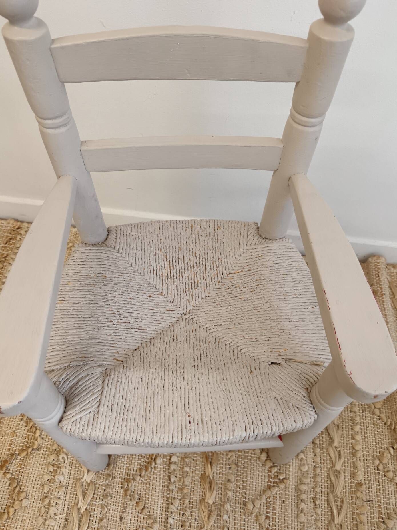 Grey patinated children's armchair with straw seat