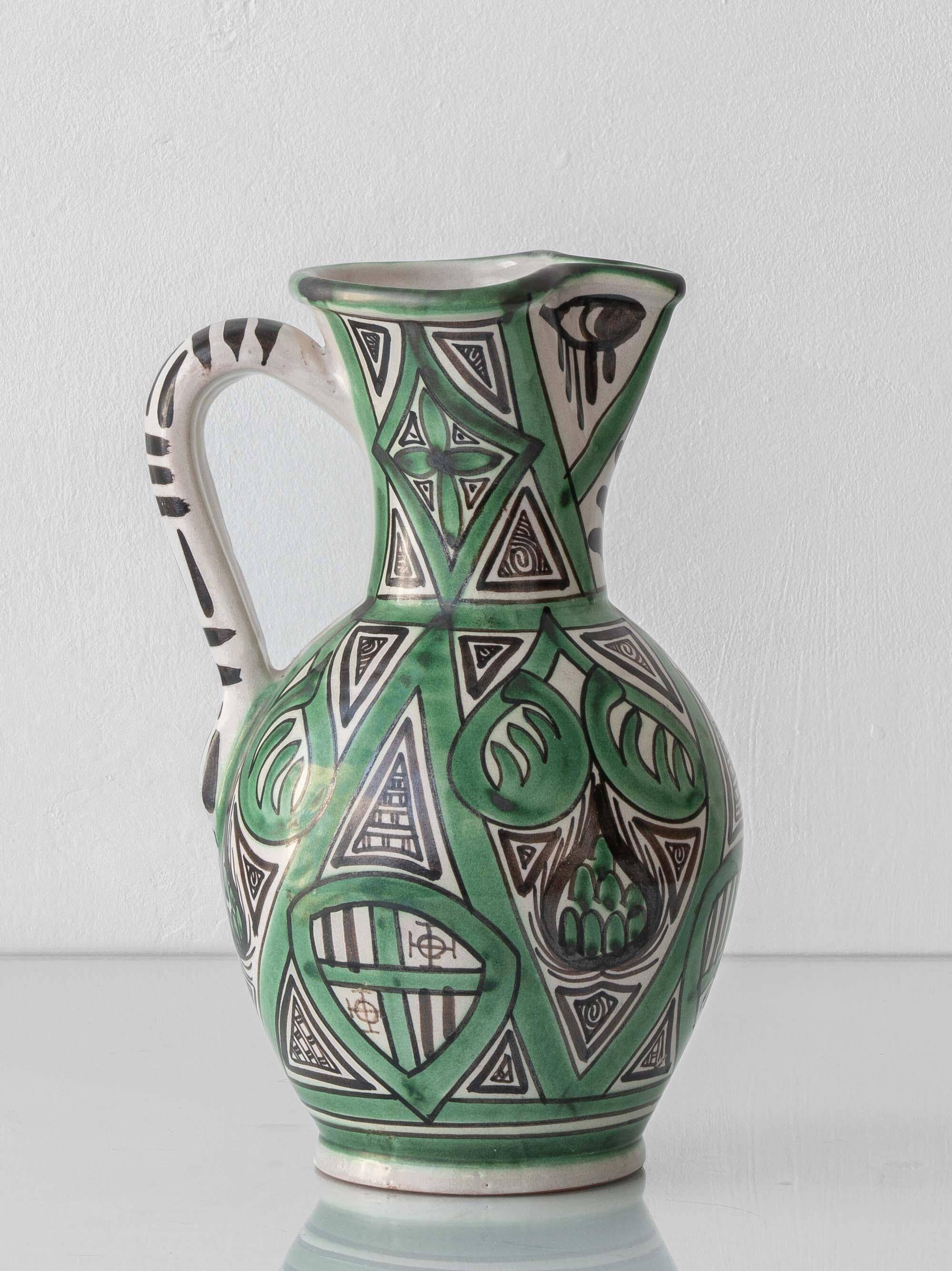 Spanish ceramic pitcher from the mid-century Mudéjar style in green and black, Punter.