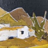 Mid-Century Modern Swedish Oil Painting "White Village" Vintage Framed Landscape