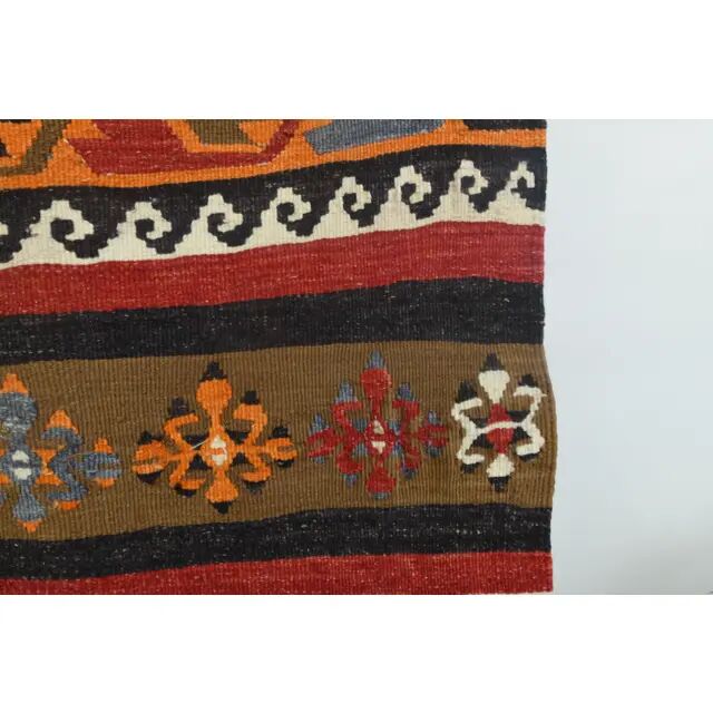 Tapis Kilim coloré en laine et coton fait main turc vintage des années 1970 98x405