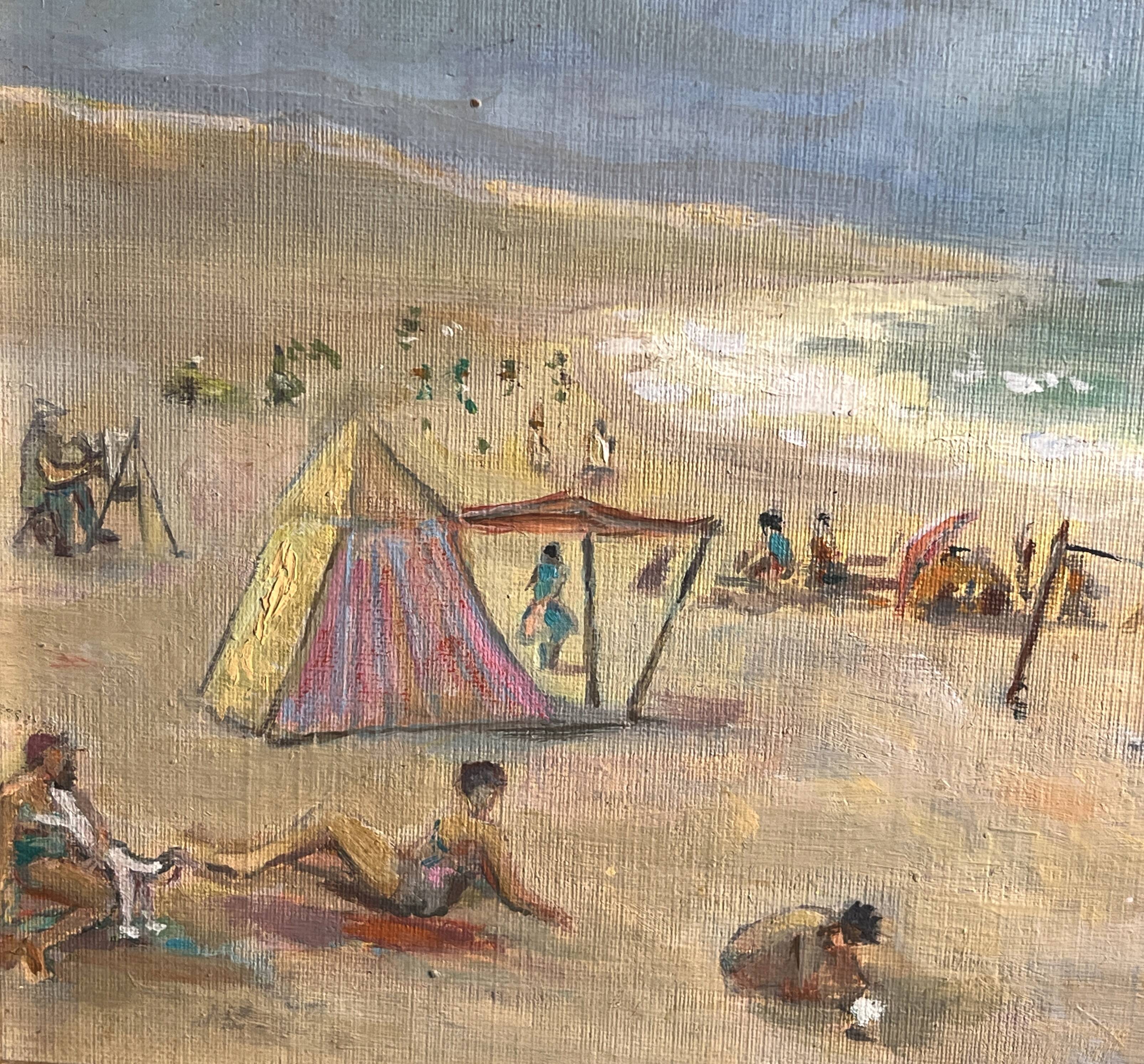 Oil on canvas lively beach scene Normandy framed 20th century