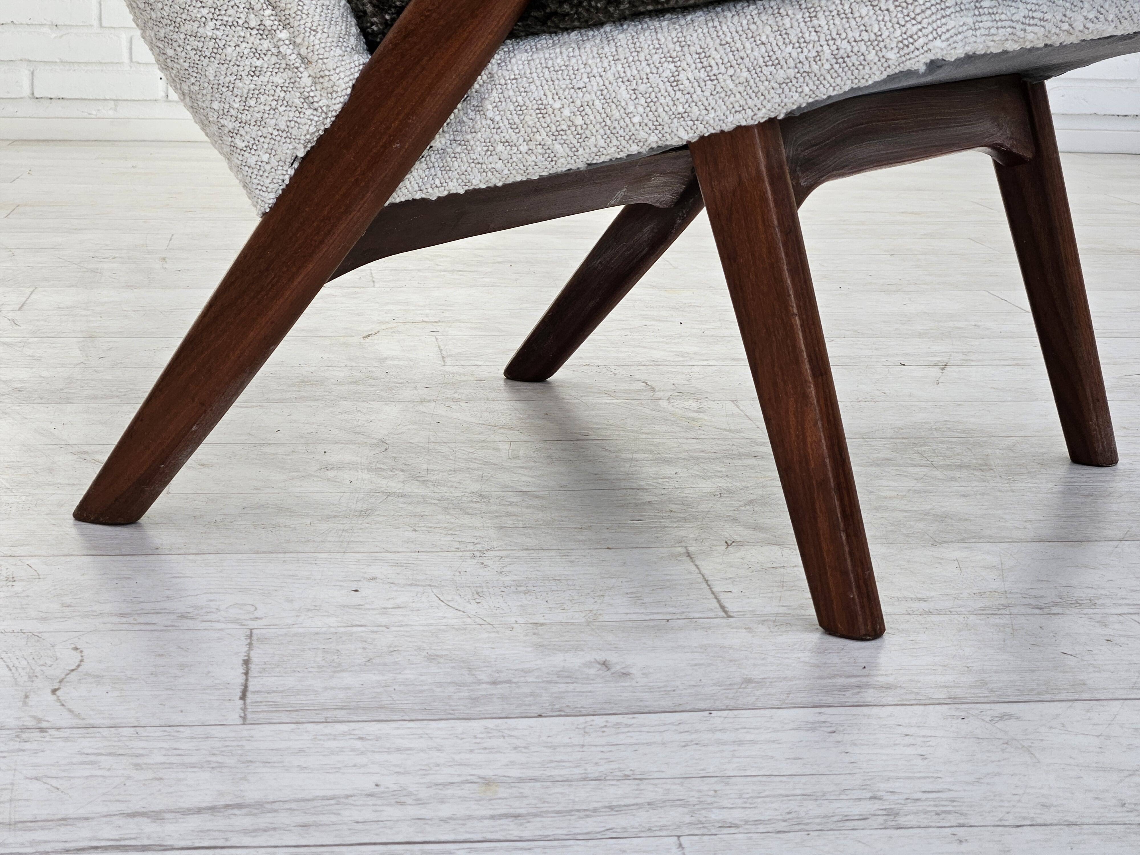 1960s, Scandinavian design, reupholstered armchair, furniture fabric, genuine sheepskin, teak.