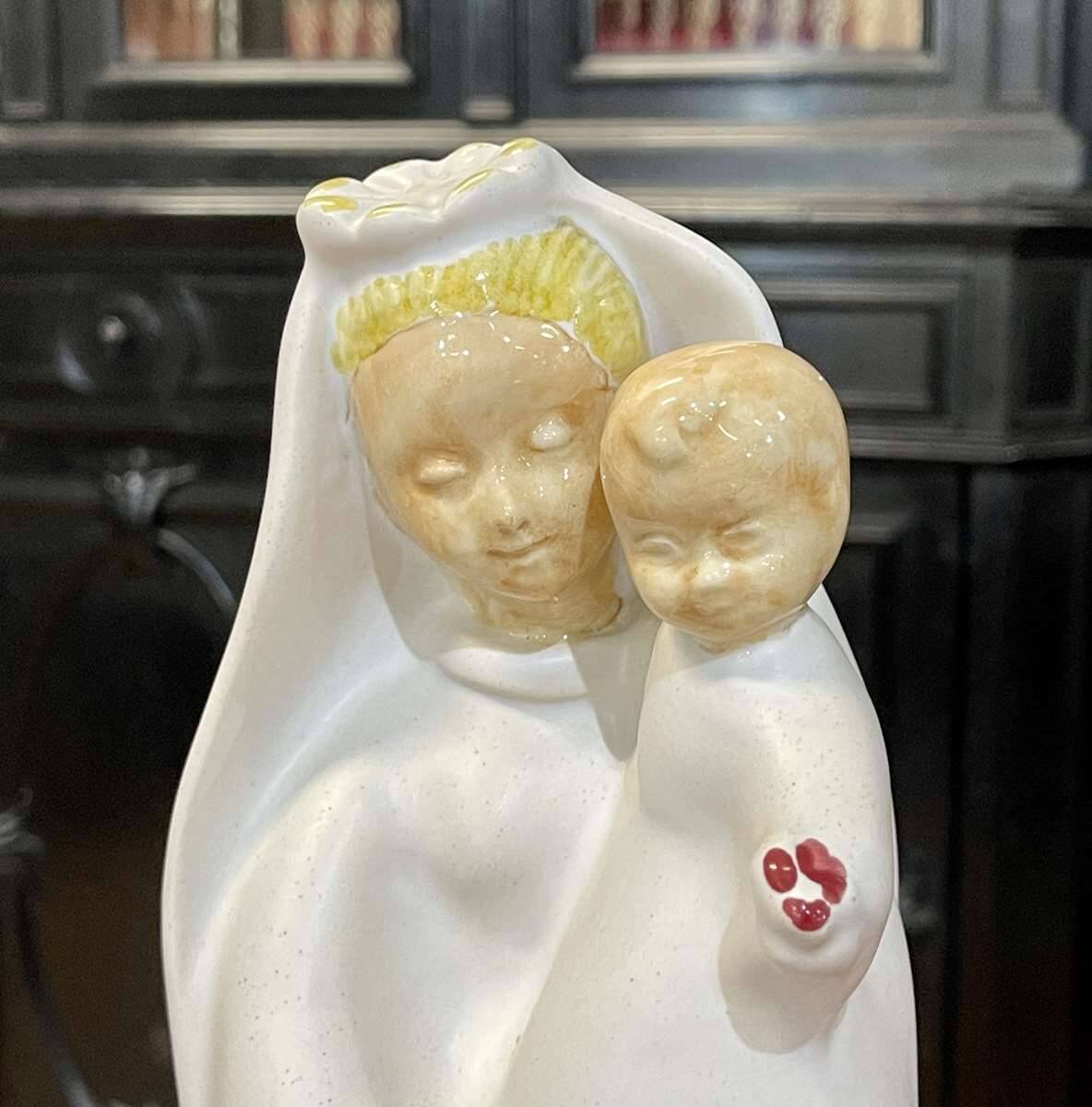 Virgin and child in quimper faience with ivory background by bel delecourt