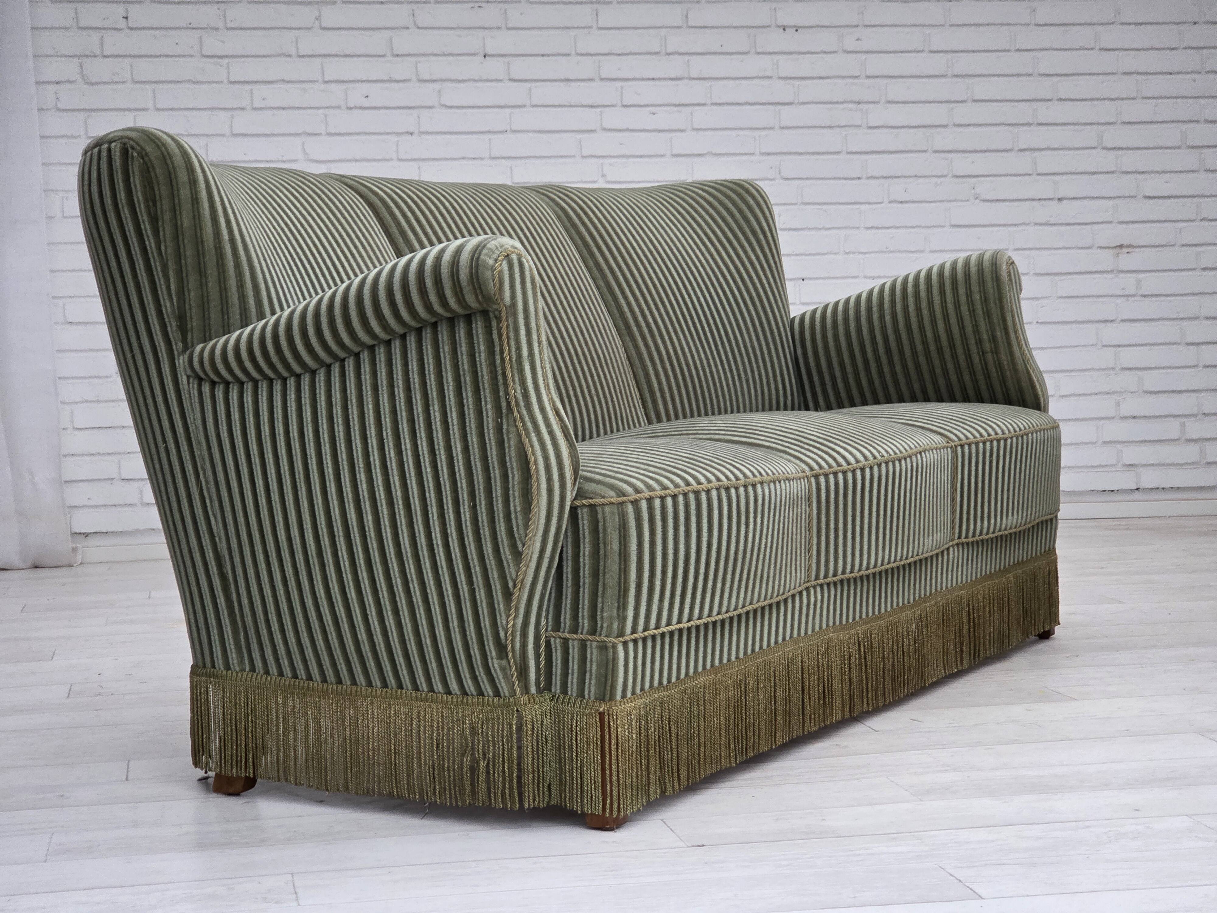 1960s, Danish 3-seater sofa, original green furniture velour, oak wood.