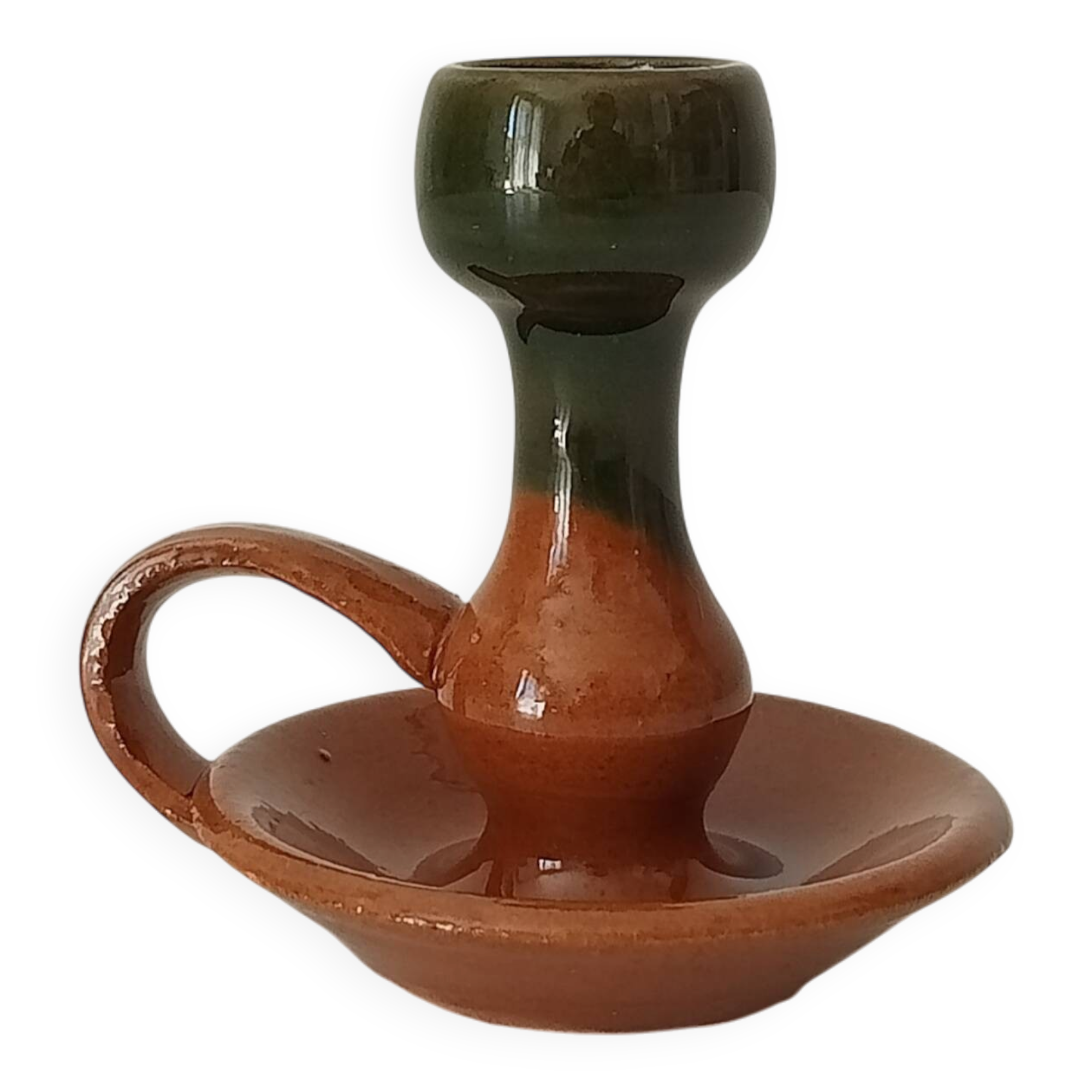 Vintage hand-held candlestick in glazed ceramic