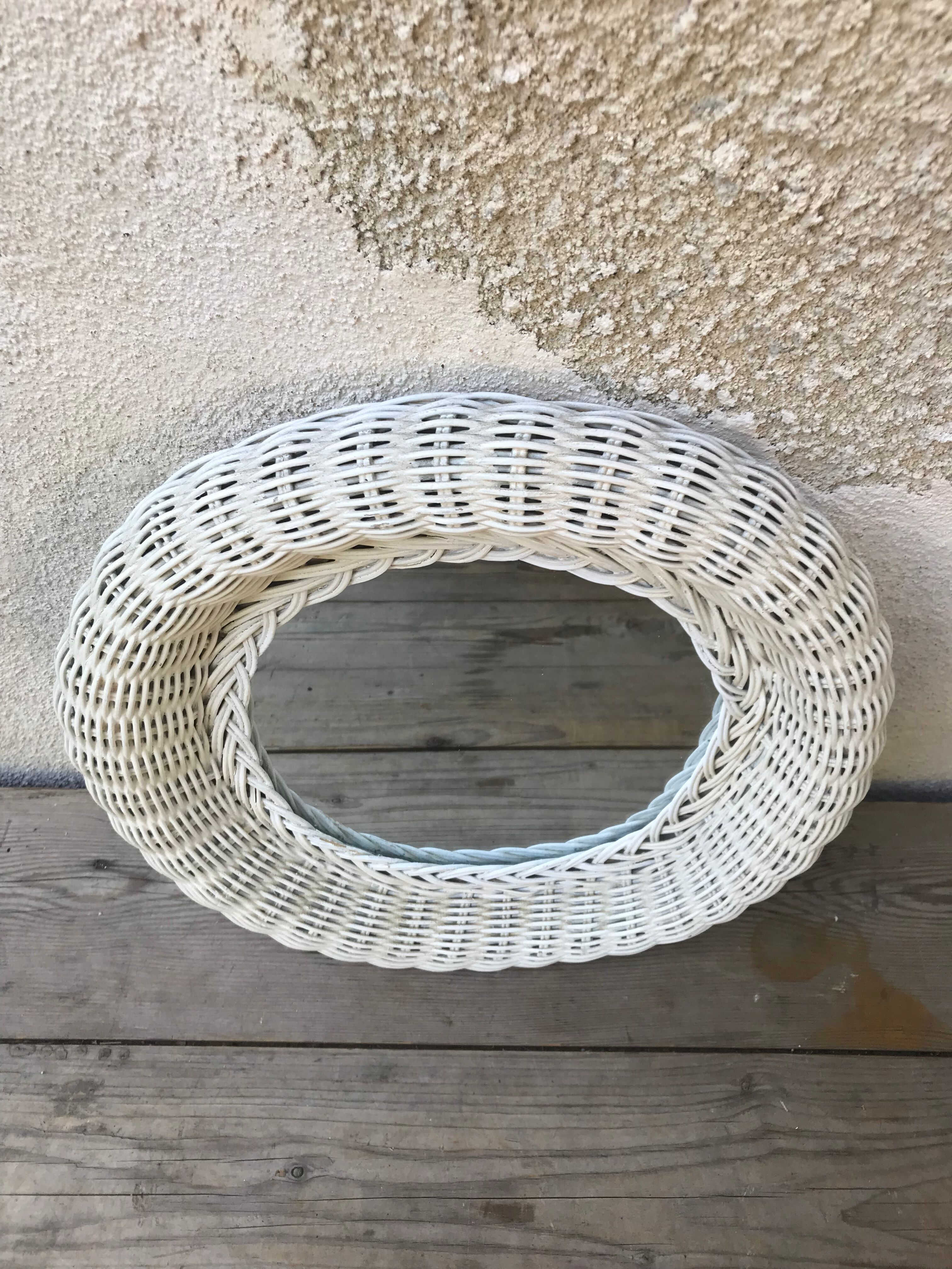 Old white rattan mirror 60  - 38x38cm