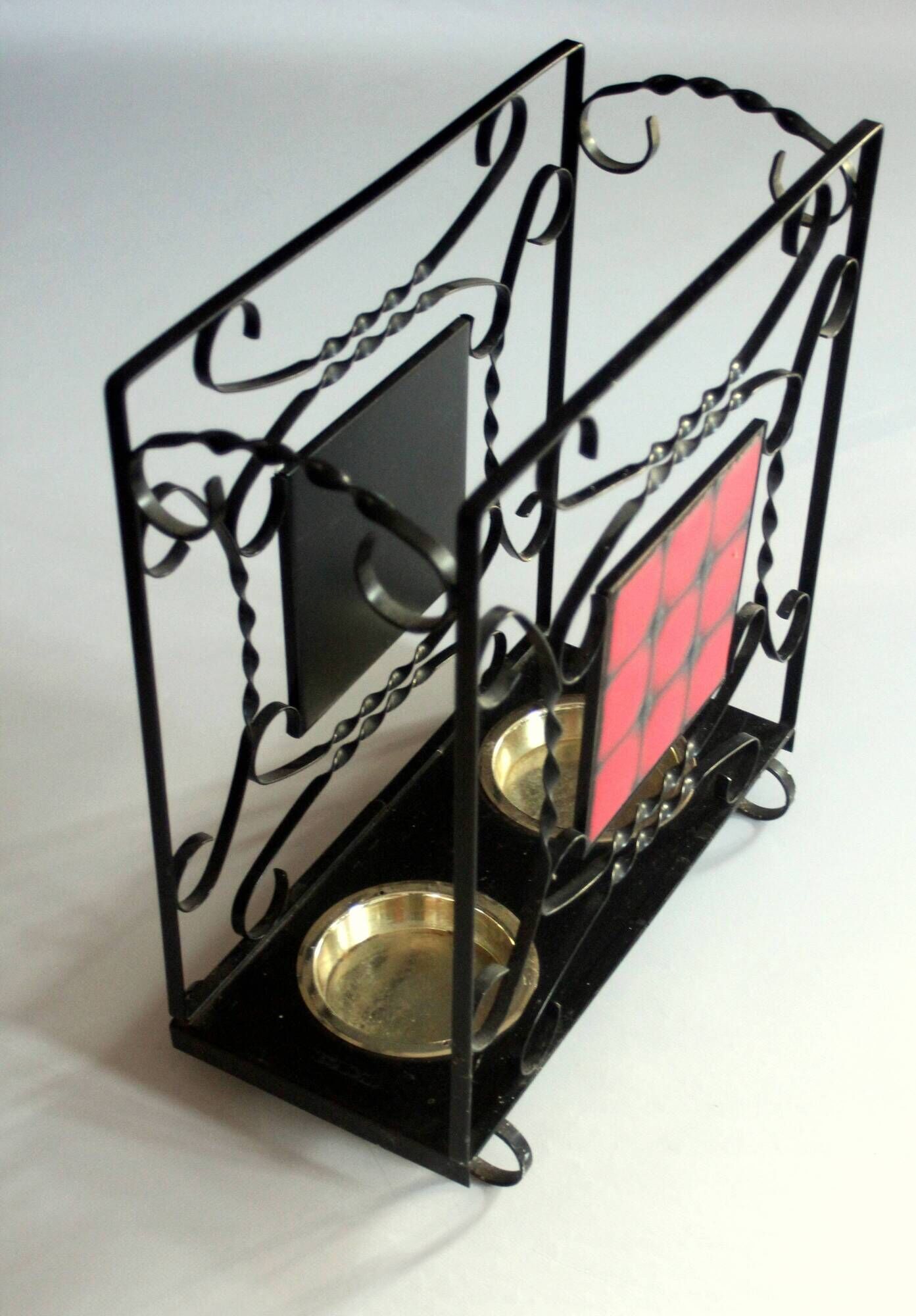 Handmade umbrella stand made of wrought iron, metal and ceramic, Vintage
