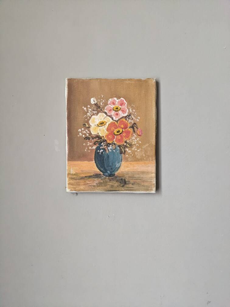 Old acrylic painting on canvas bouquet of bohemian countryside flowers