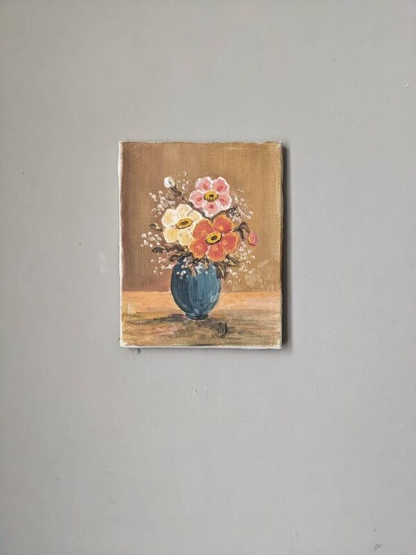 Tableau ancien, acrylique sur toile bouquet de fleurs, campagne bohème