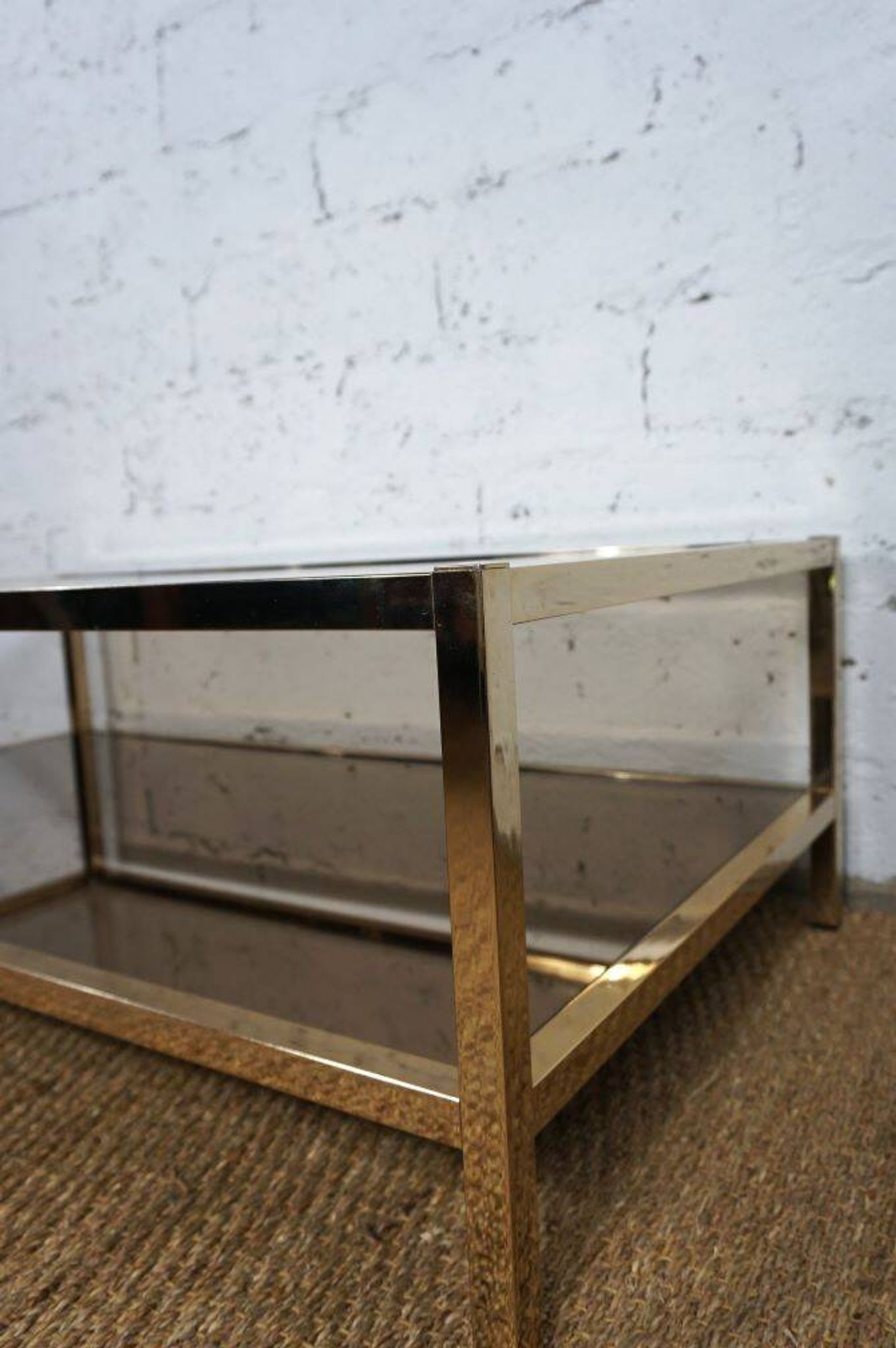 Gold chrome coffee table with double smoked glass tops 1970s