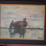 Old signed painting depicting fishermen