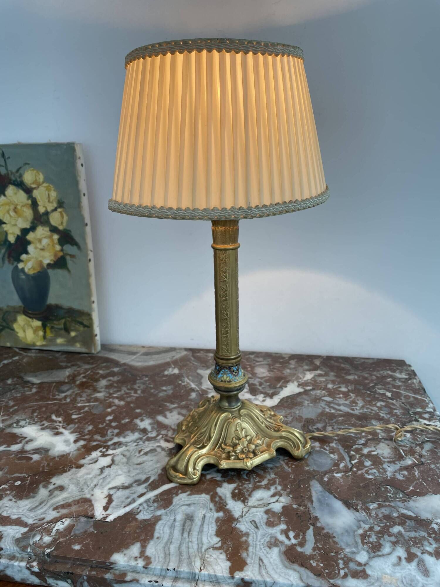 Antique, lamp, bronze, candle holder, gold, cloisonné enamel, ecru white lampshade, flower decor, leaf