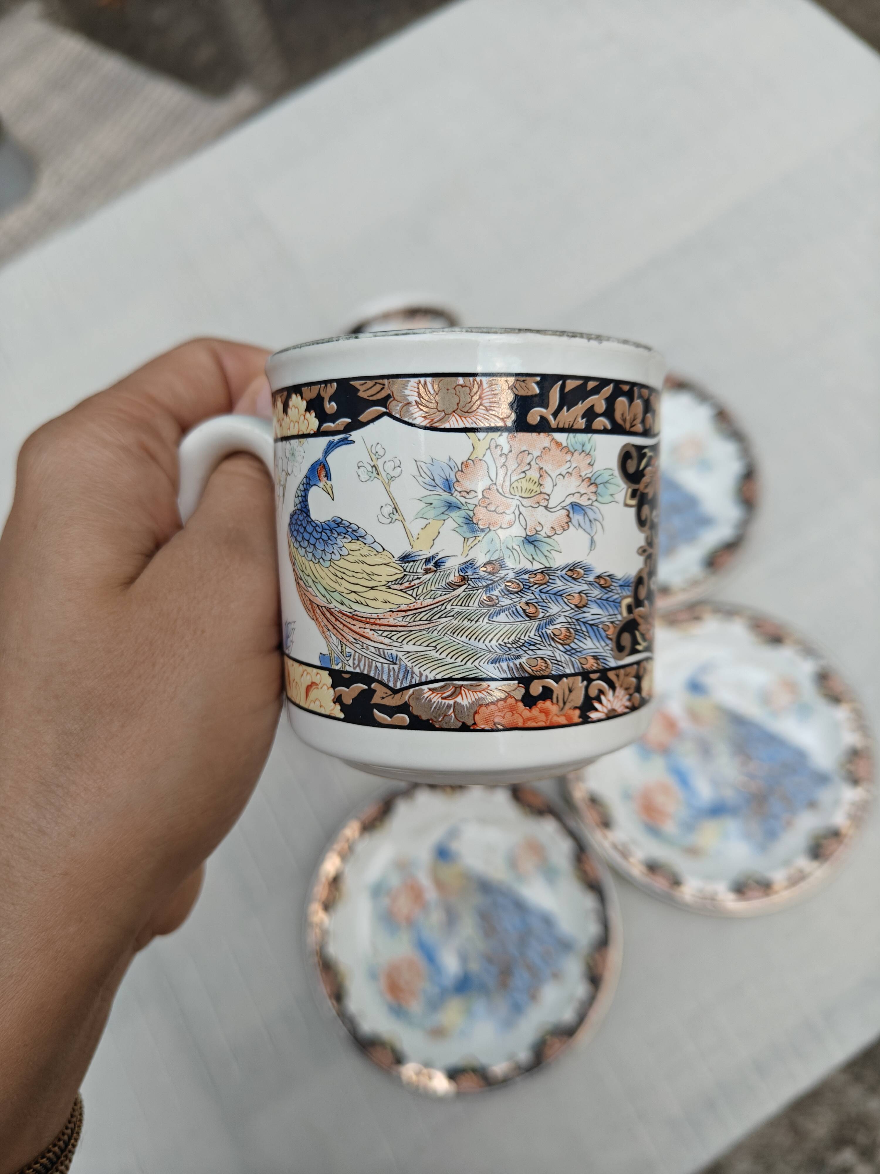 Vintage tea/coffee service in porcelain from Japan - Peacock birds