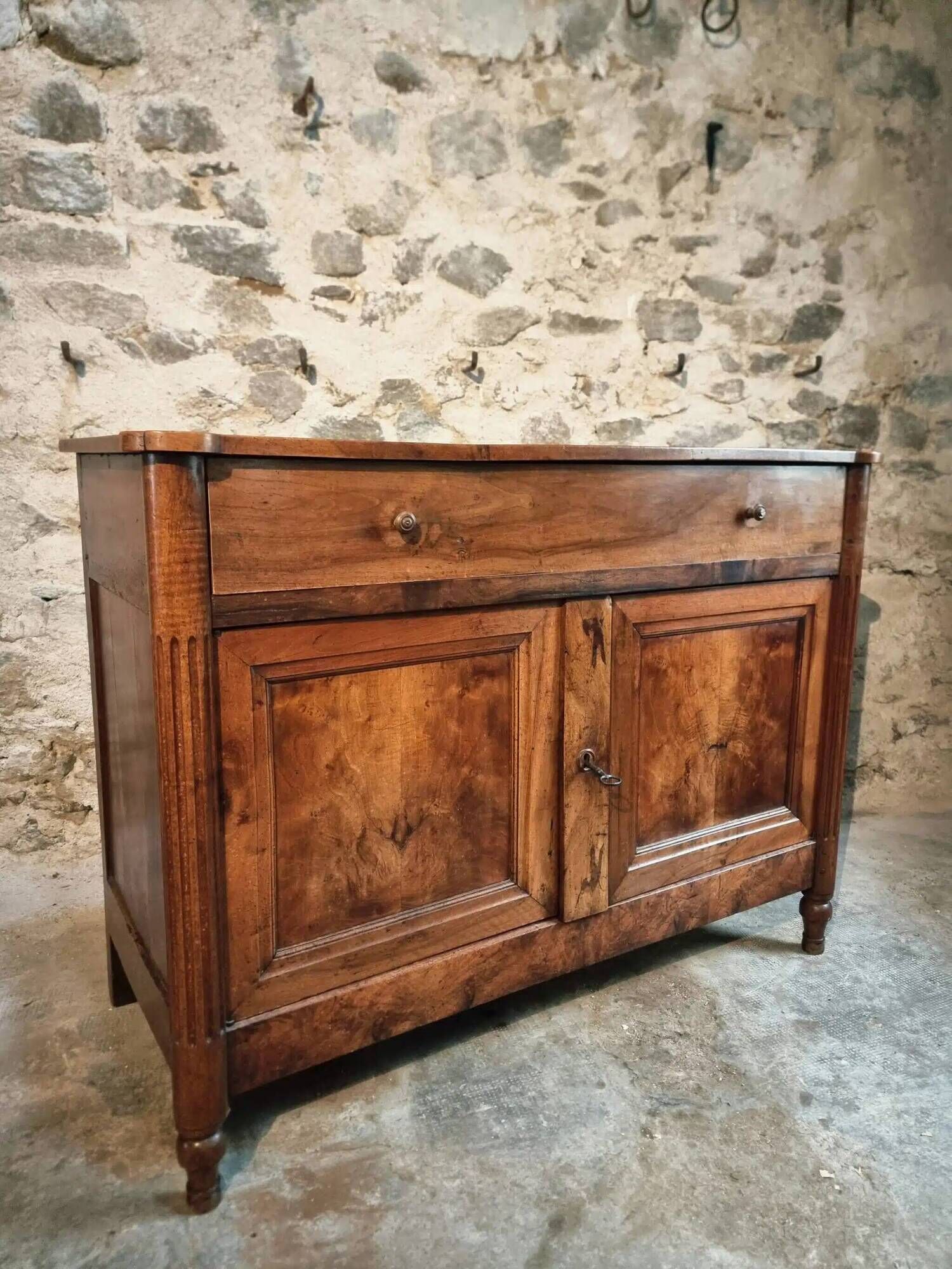 Antique French Walnut Sideboard - 19th Century Buffet with Drawer and Double Doors - Rustic Farmhouse Storage