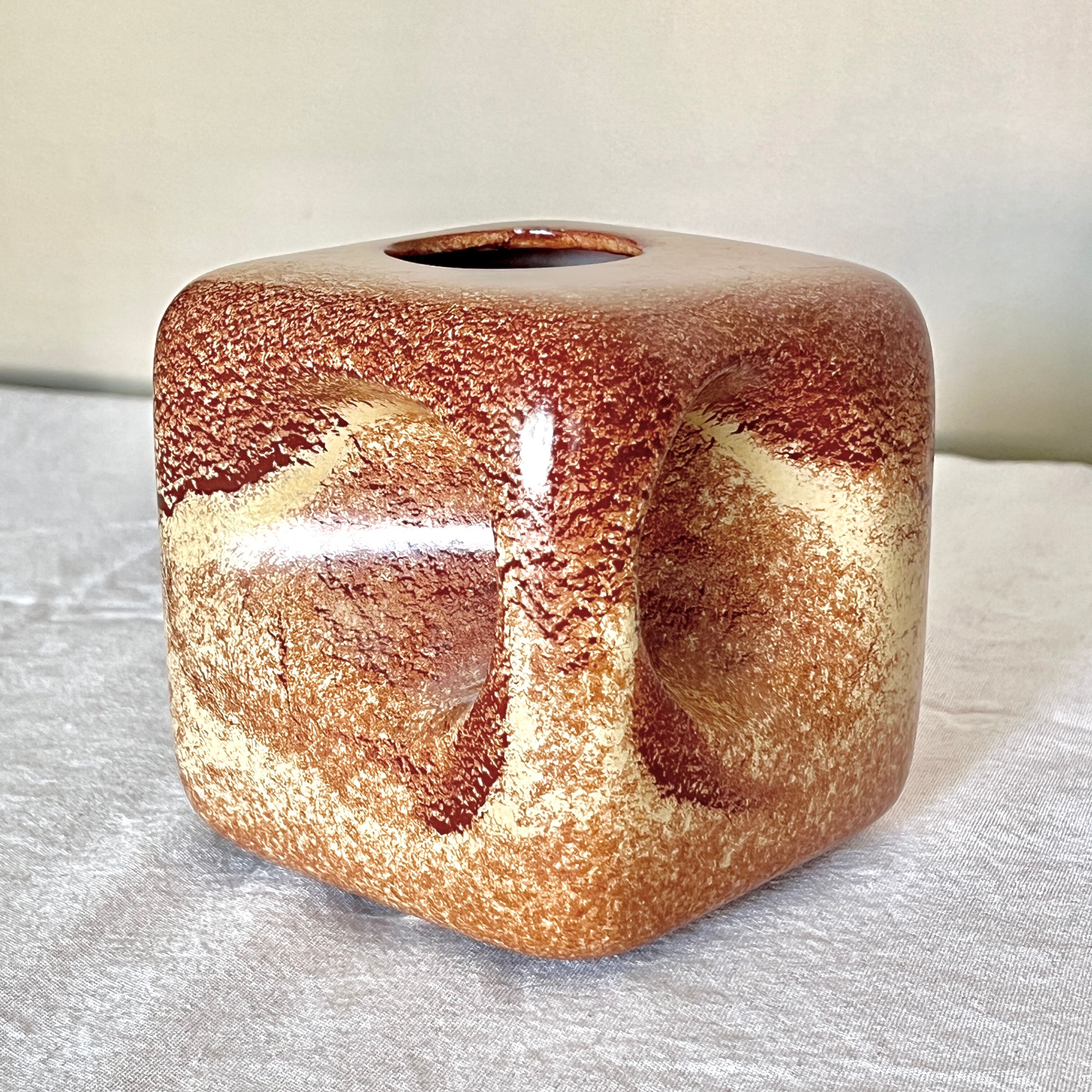 Bertoncello ,,screziato tabacco" glaze, cube vase italian vintage mid century from the 1970's by rob