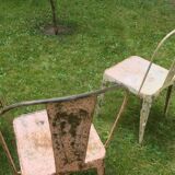 Set of 3 early 20th century patinated Tolix inspired bistro garden stacking chairs