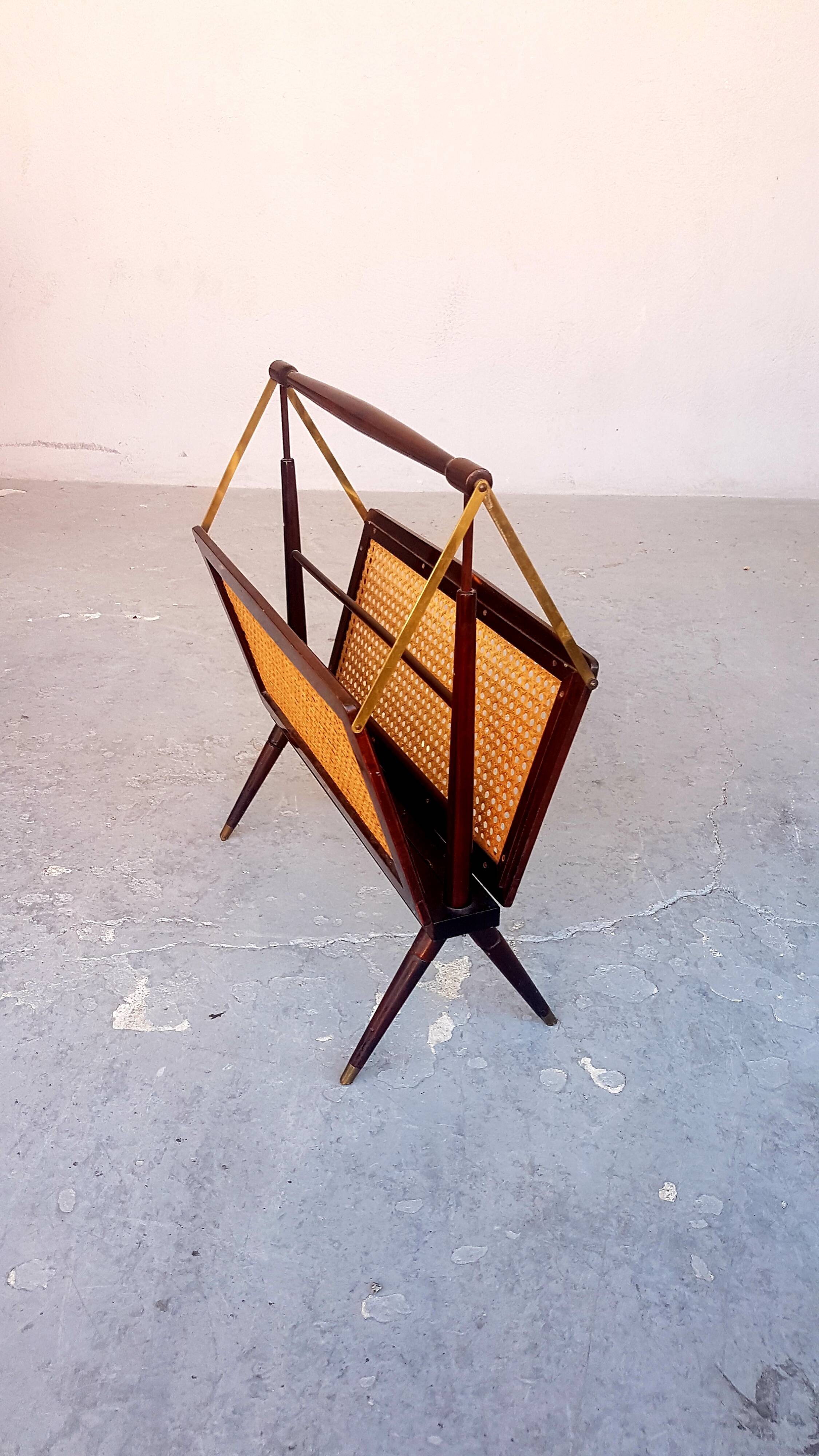 Cesare Lacca folding mahogany cane brass magazine rack 1960