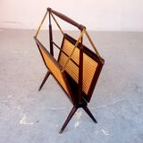 Cesare Lacca folding mahogany cane brass magazine rack 1960
