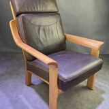 Chocolate leather armchair, wooden structure