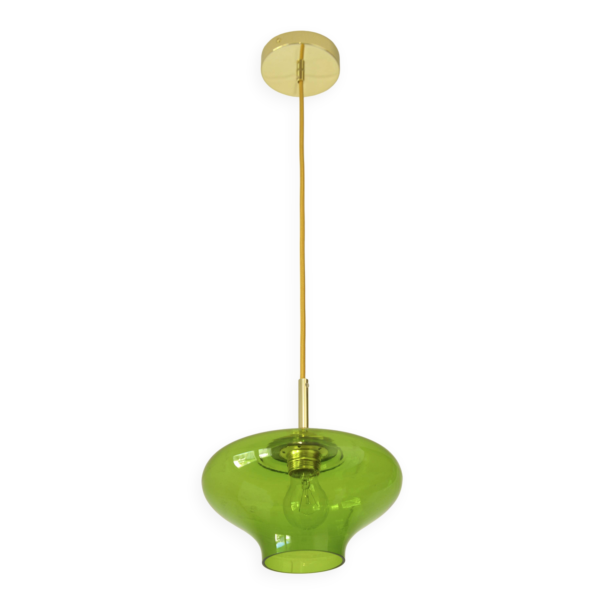 Vintage Pendant Light  Hand Blown Green Glass MCM Bar Hanging Cool Lamps