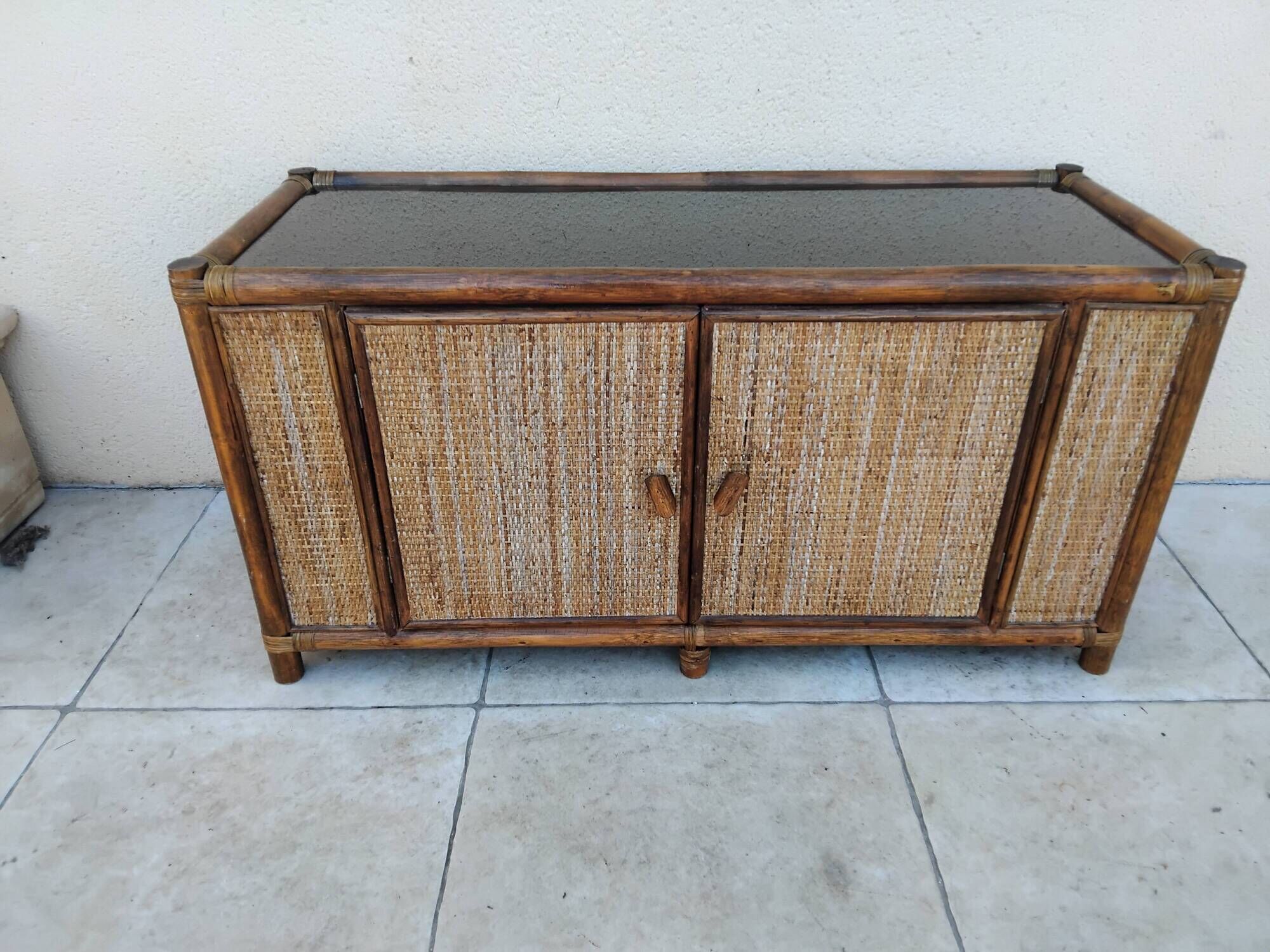 Vintage sideboard TV unit in rattan, bamboo and glass.