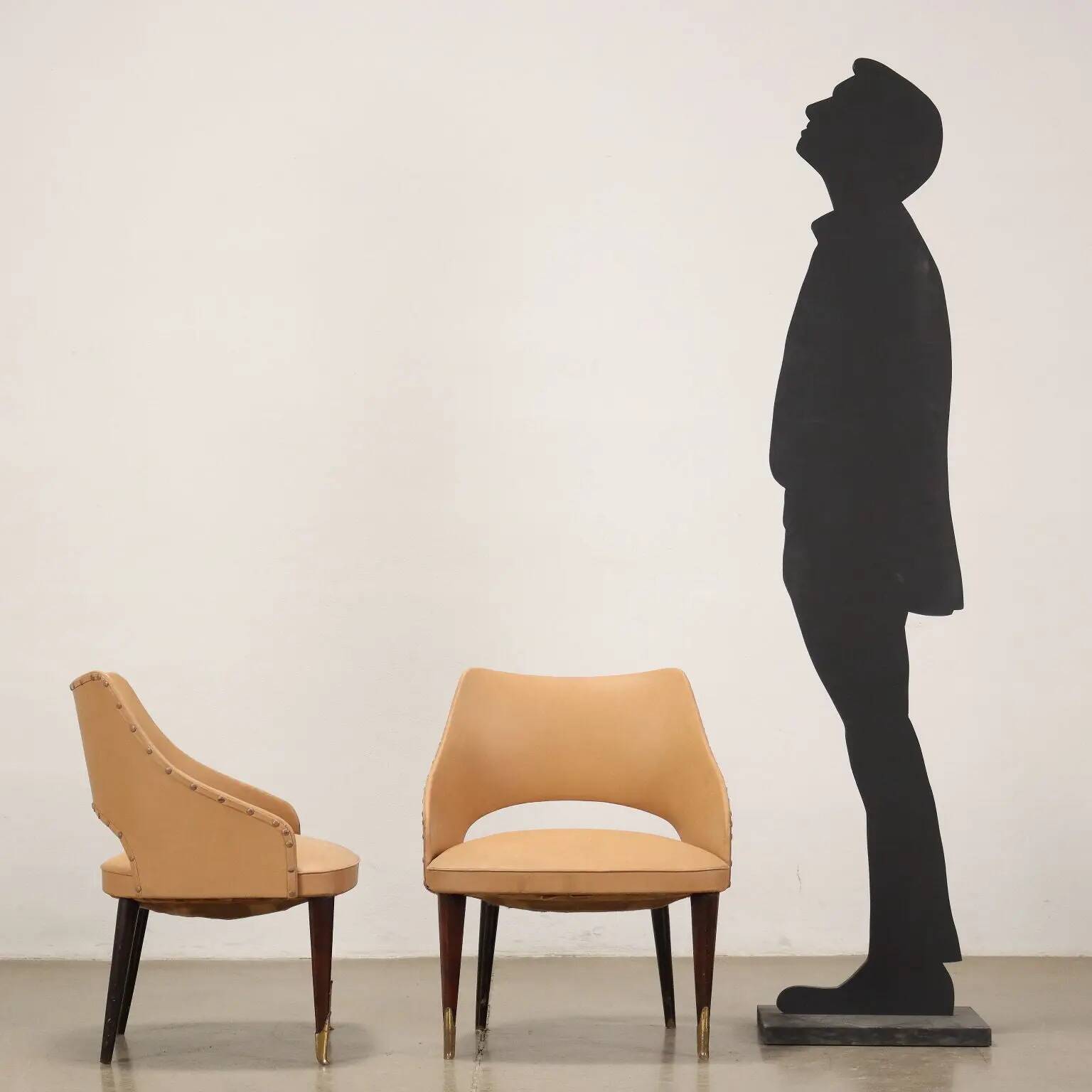 Pair of vintage armchairs from the 50s-60s in ebony wood, brass, with padded seats.