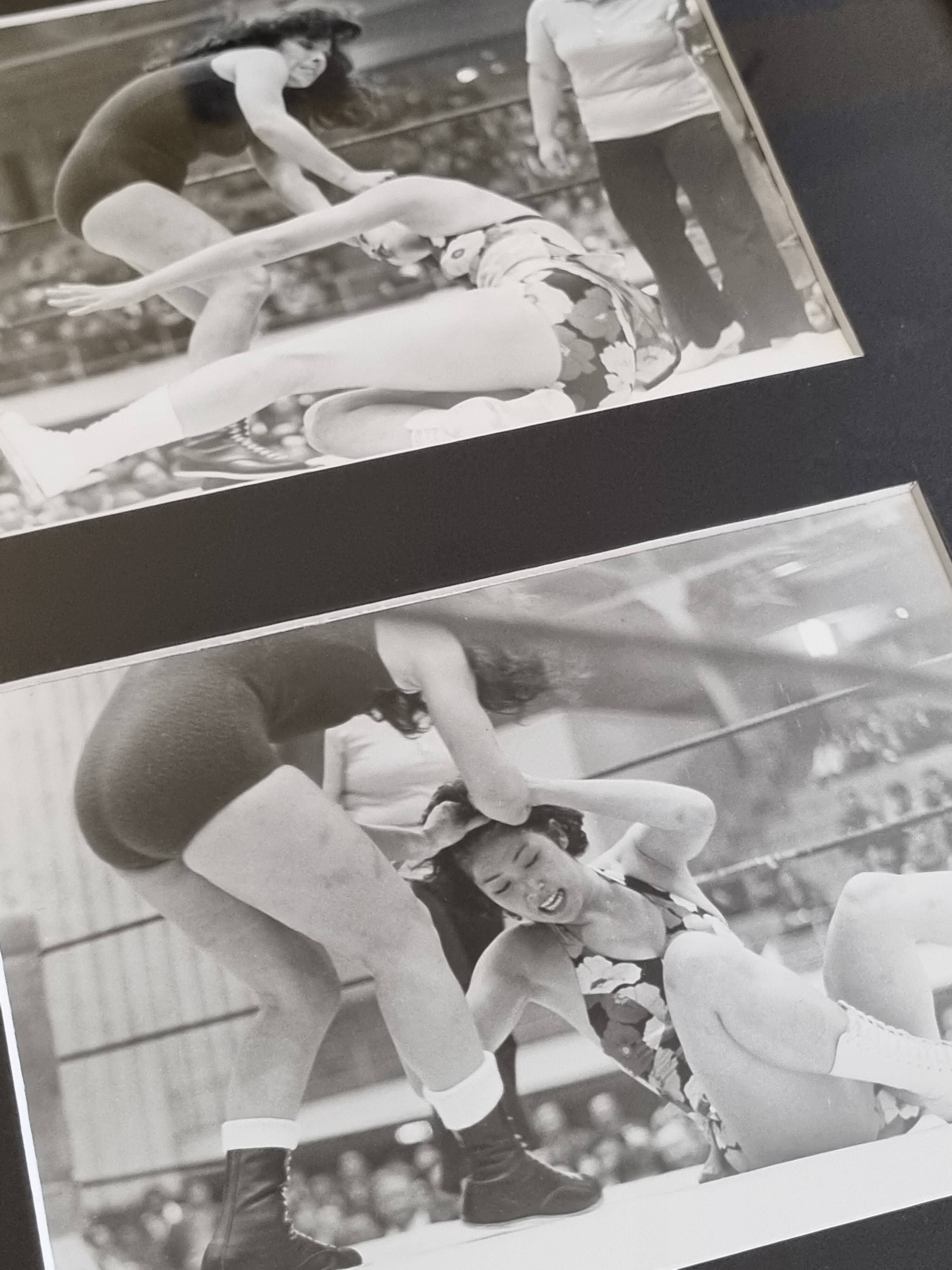 Vintage framed silver prints, women's wrestling, 1960s, 31 x 41 cm