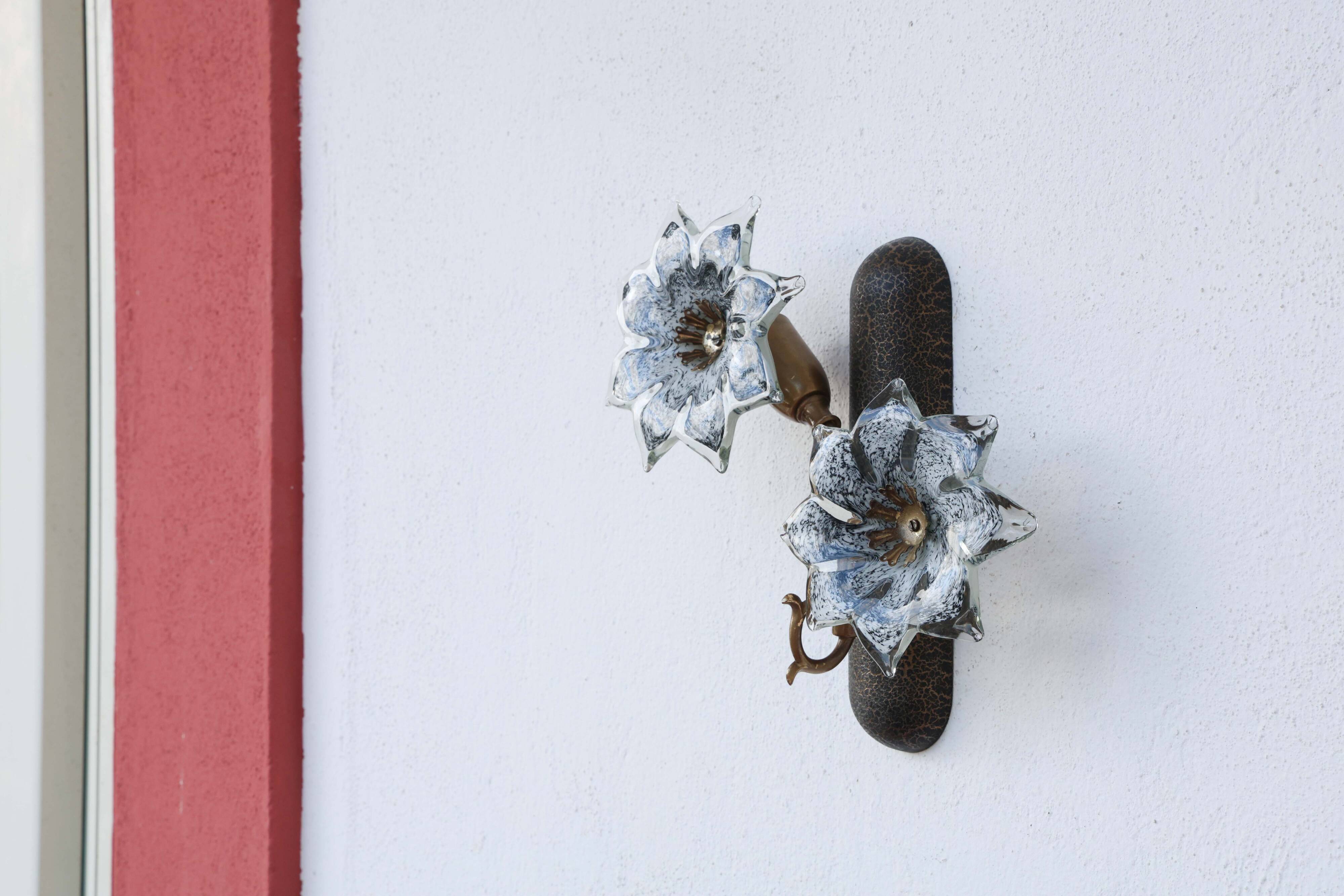 Set of 2 Murano Wall Light Black Flowers, 1970s