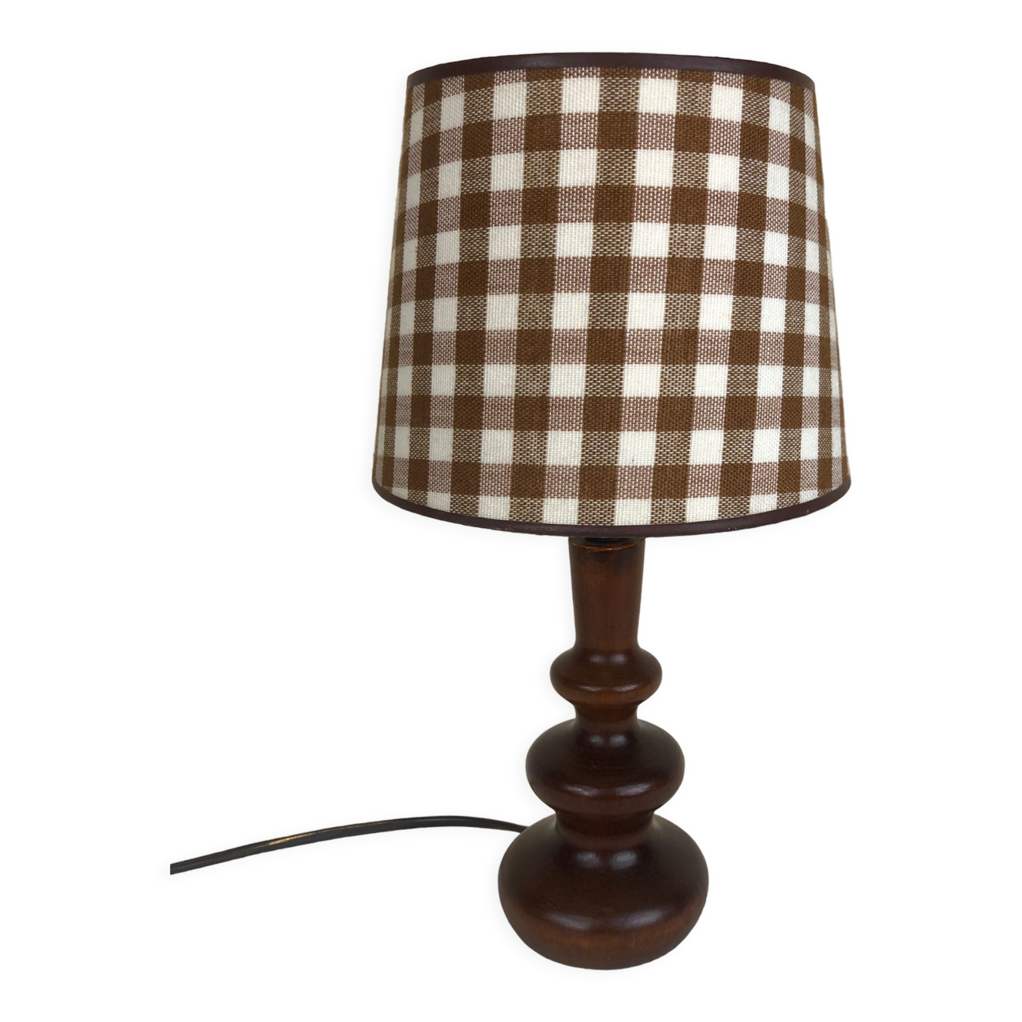 Wooden foot lamp brown tartan lampshade, cottage style