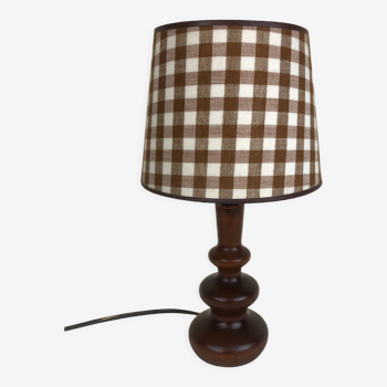 Wooden foot lamp brown tartan lampshade, cottage style