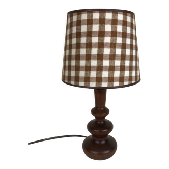 Lampe pied en bois abat-jour tartan marron style cottage