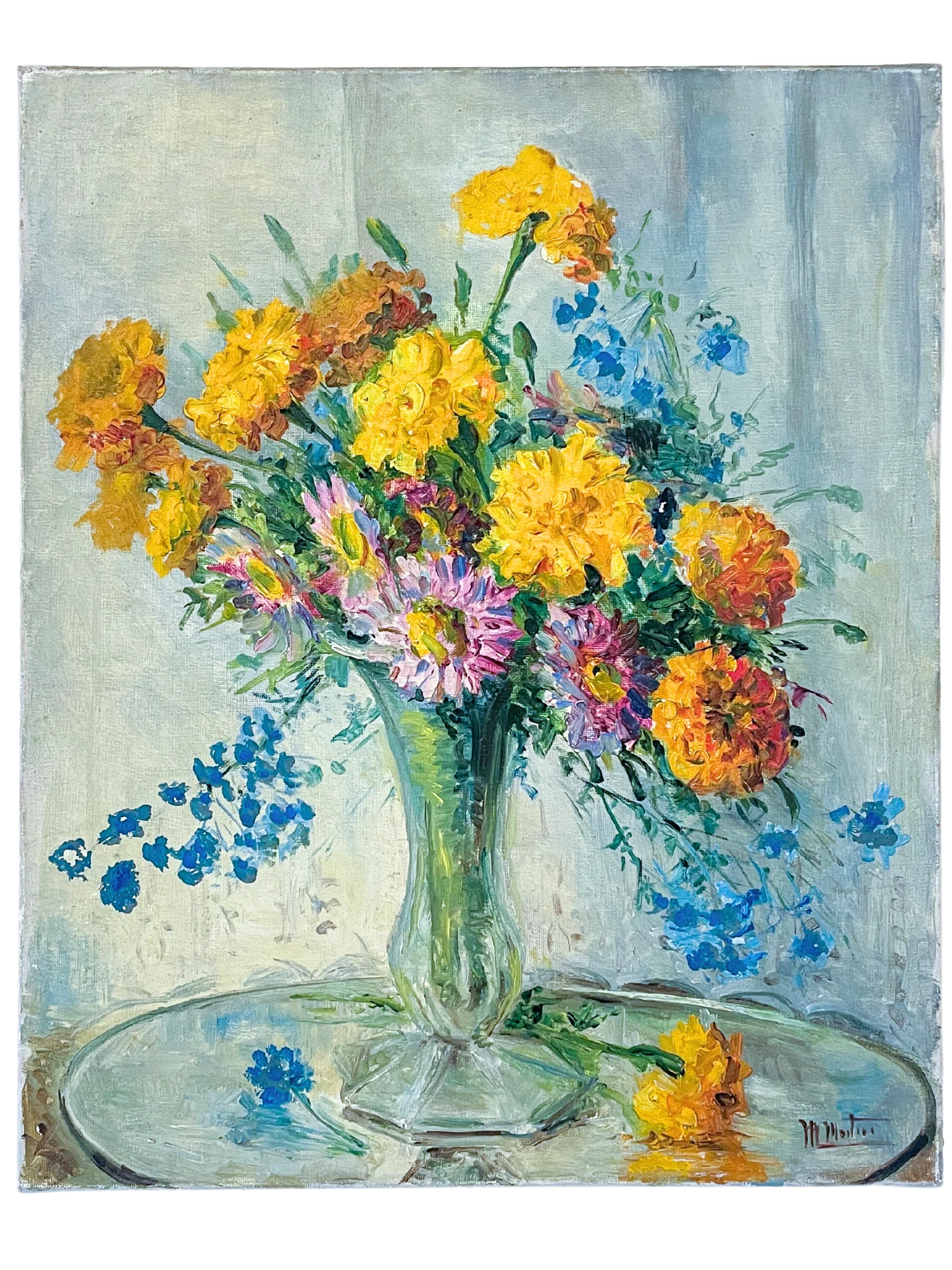 Old painting - Bouquet of flowers in a glass vase