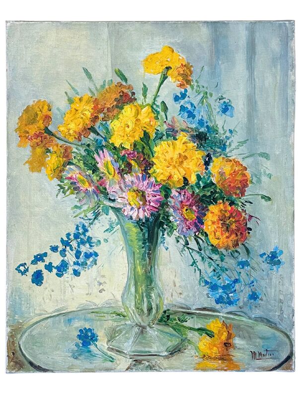 Tableau ancien - Bouquet de fleurs dans vase en verre