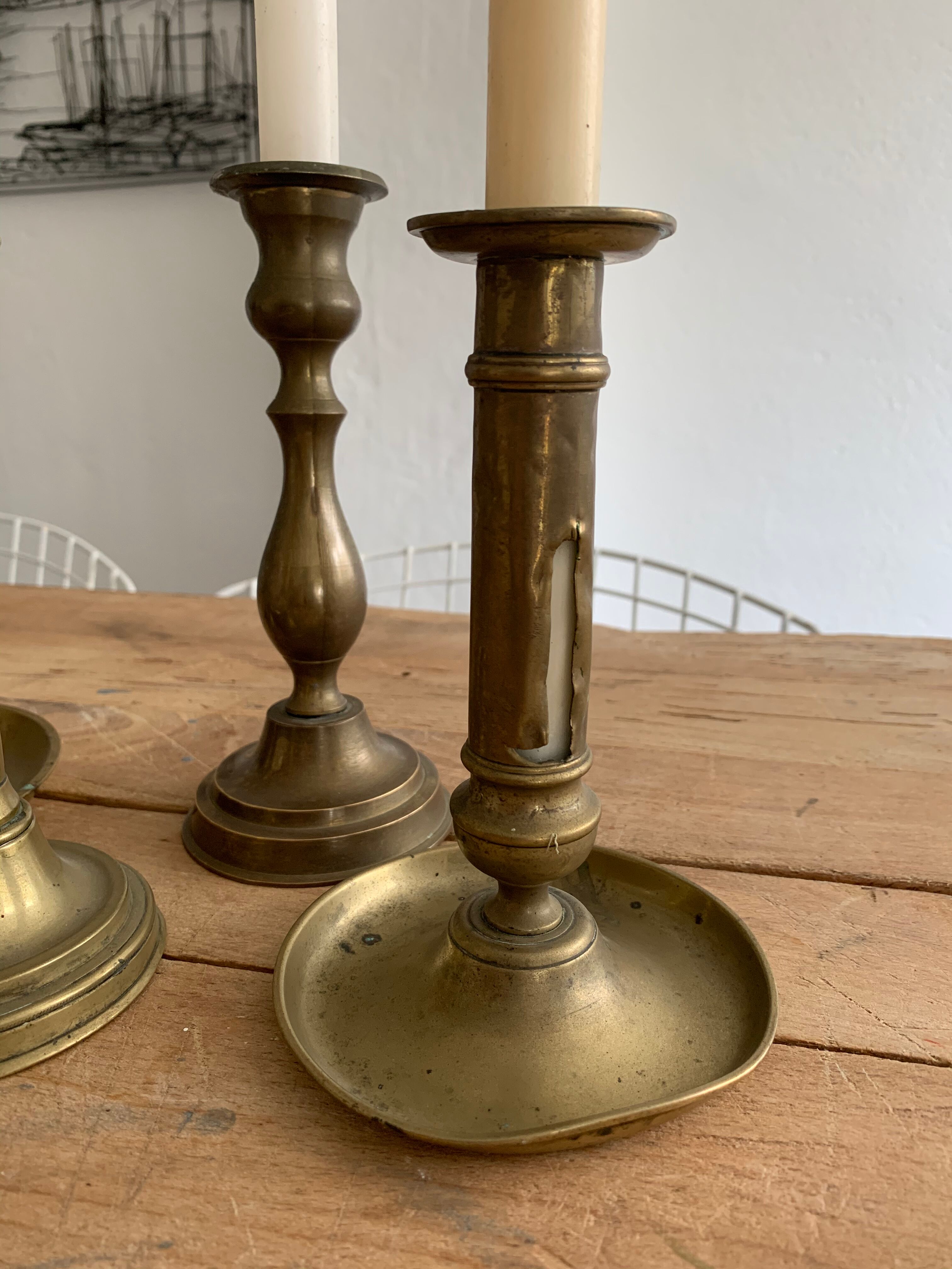 Set 4 vintage brass candlesticks patinated