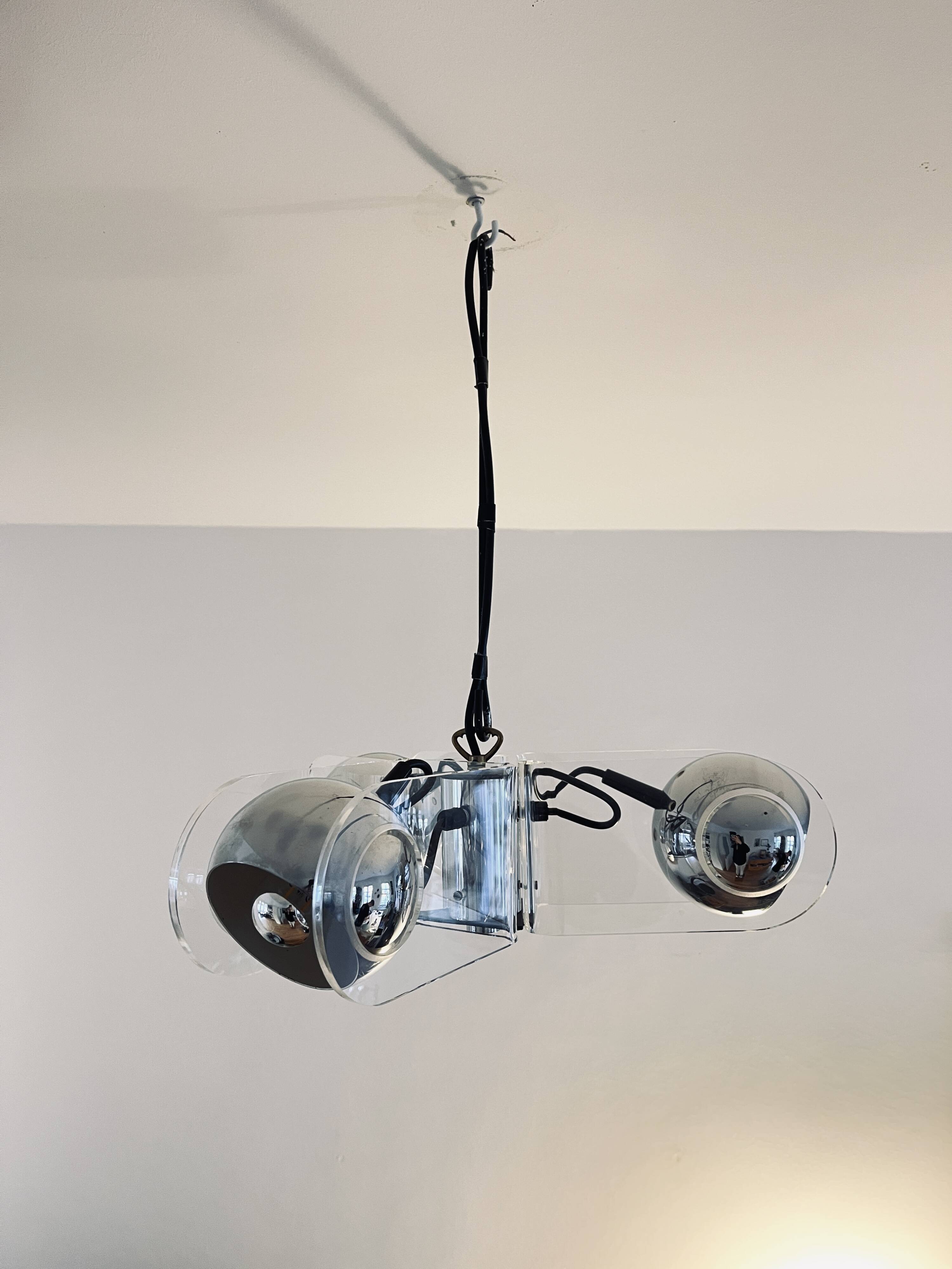 Vintage Chrome & Acrylic Pendant Lamp in the Style of Gino Sarfatti , 1970s