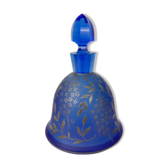 Carafe flacon ancien en verre dépoli bleu cobalt décor argent