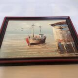 Small marine painting of a boat in oil on panel.