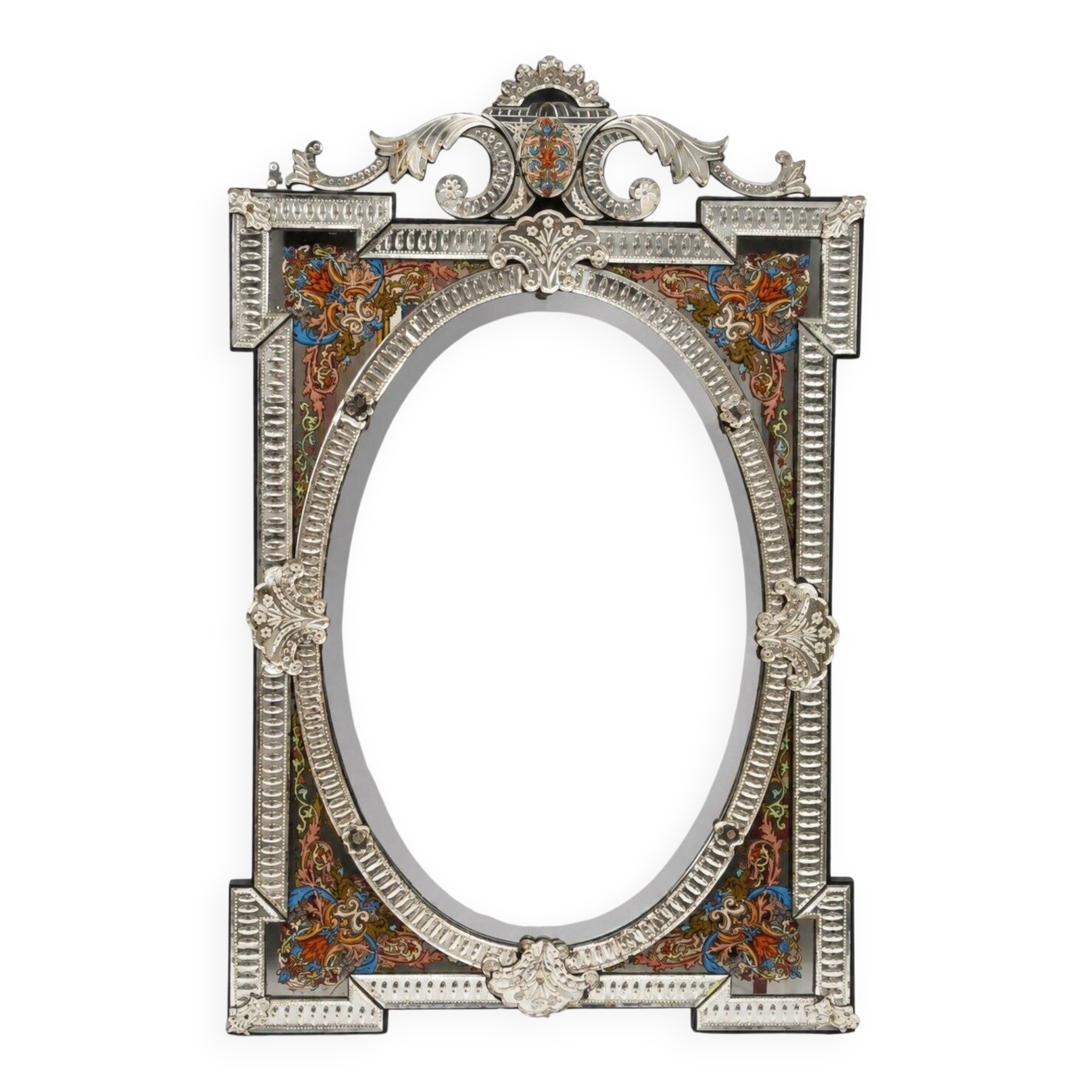 Miroir Vénitien à Pare-closes Style Renaissance – Verre Biseauté Émaillé – XIXe