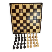 Chess game with a wooden board and pieces.