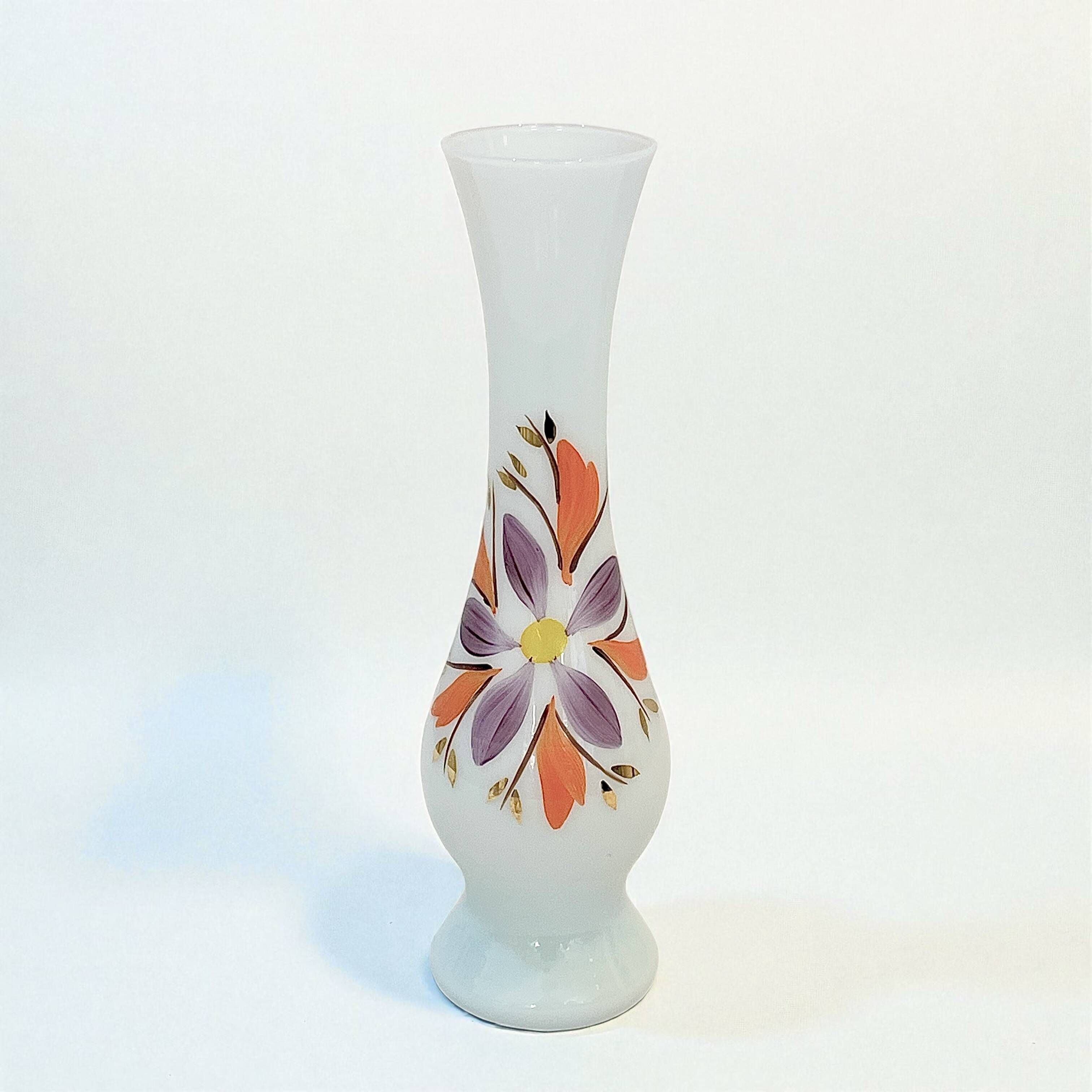 Opaline glass vase with white and blue opaline glass and orange flower pattern, vintage 60s