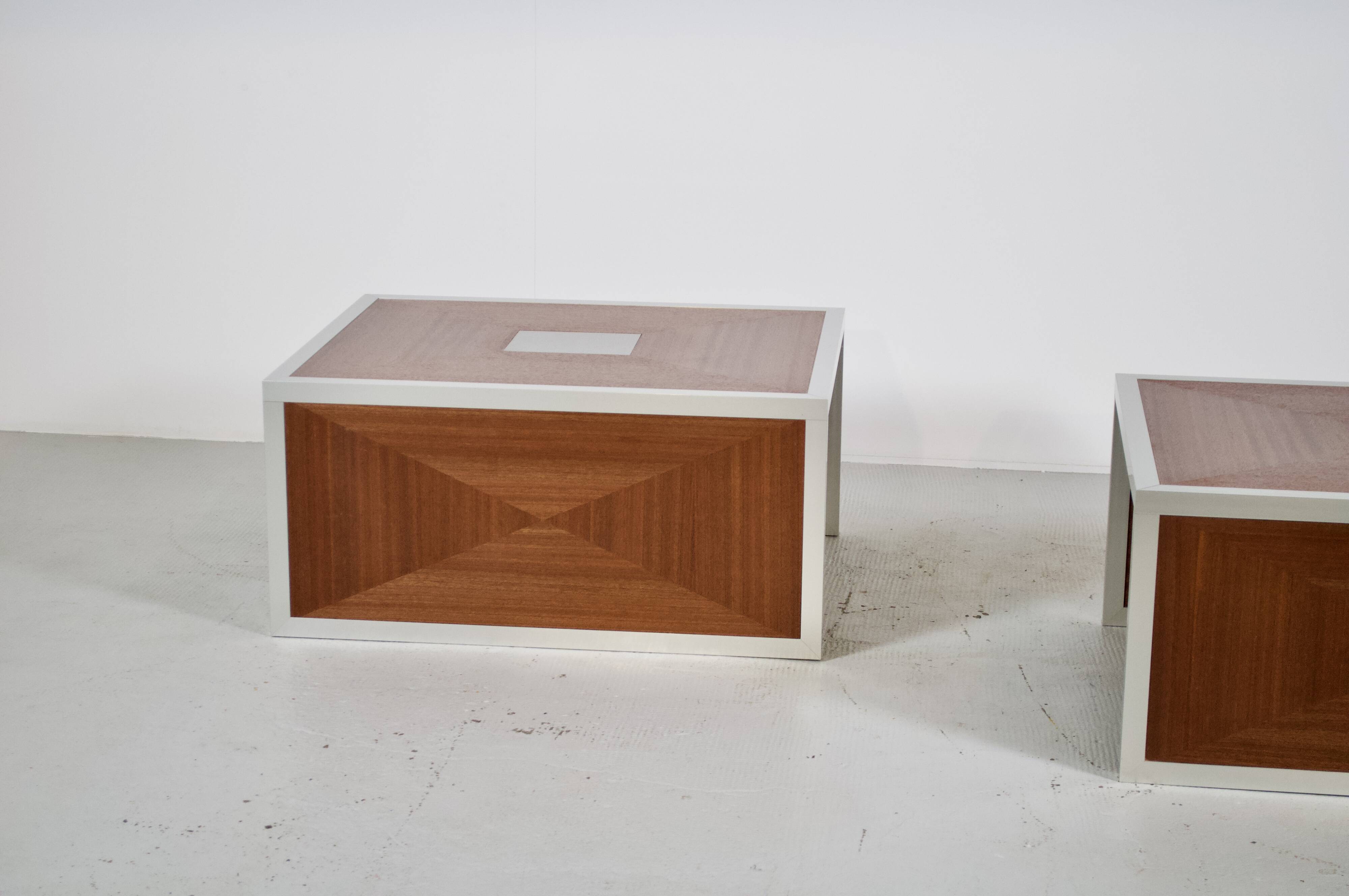 Pair of 70's aluminum and mahogany coffee/sofa end tables