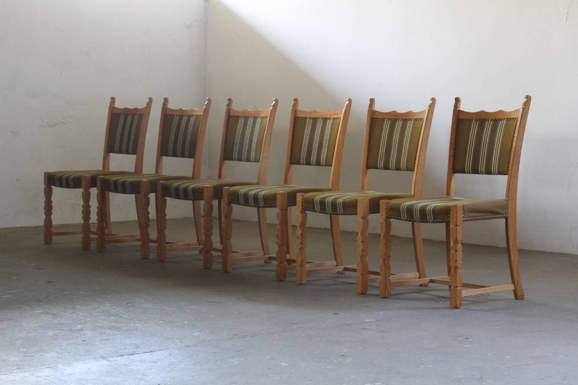 Vintage 1960s, brutalist Danish modern oak dining chairs by Henning Kjærnulf