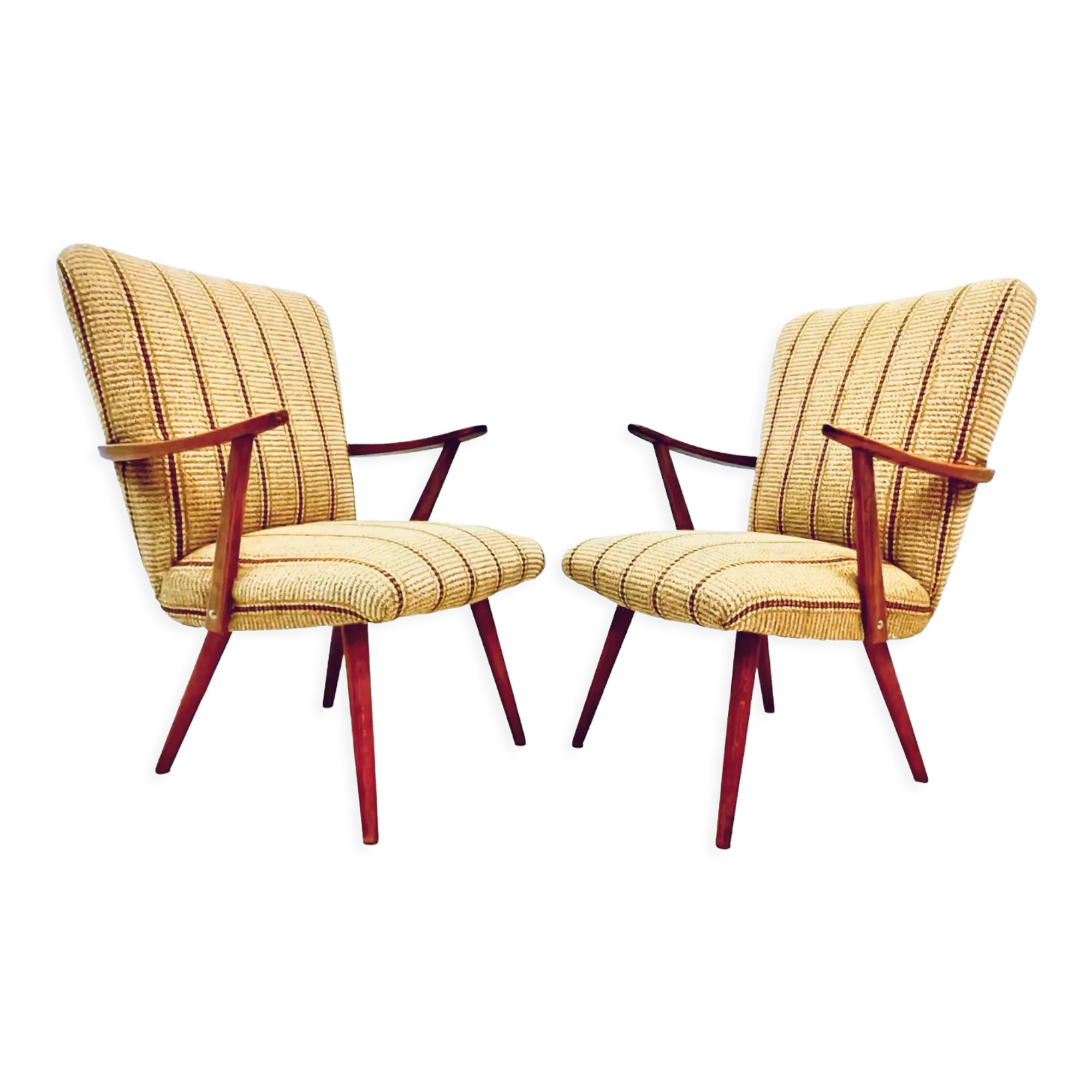 A pair vintage cocktail chairs with stripes and metal screws