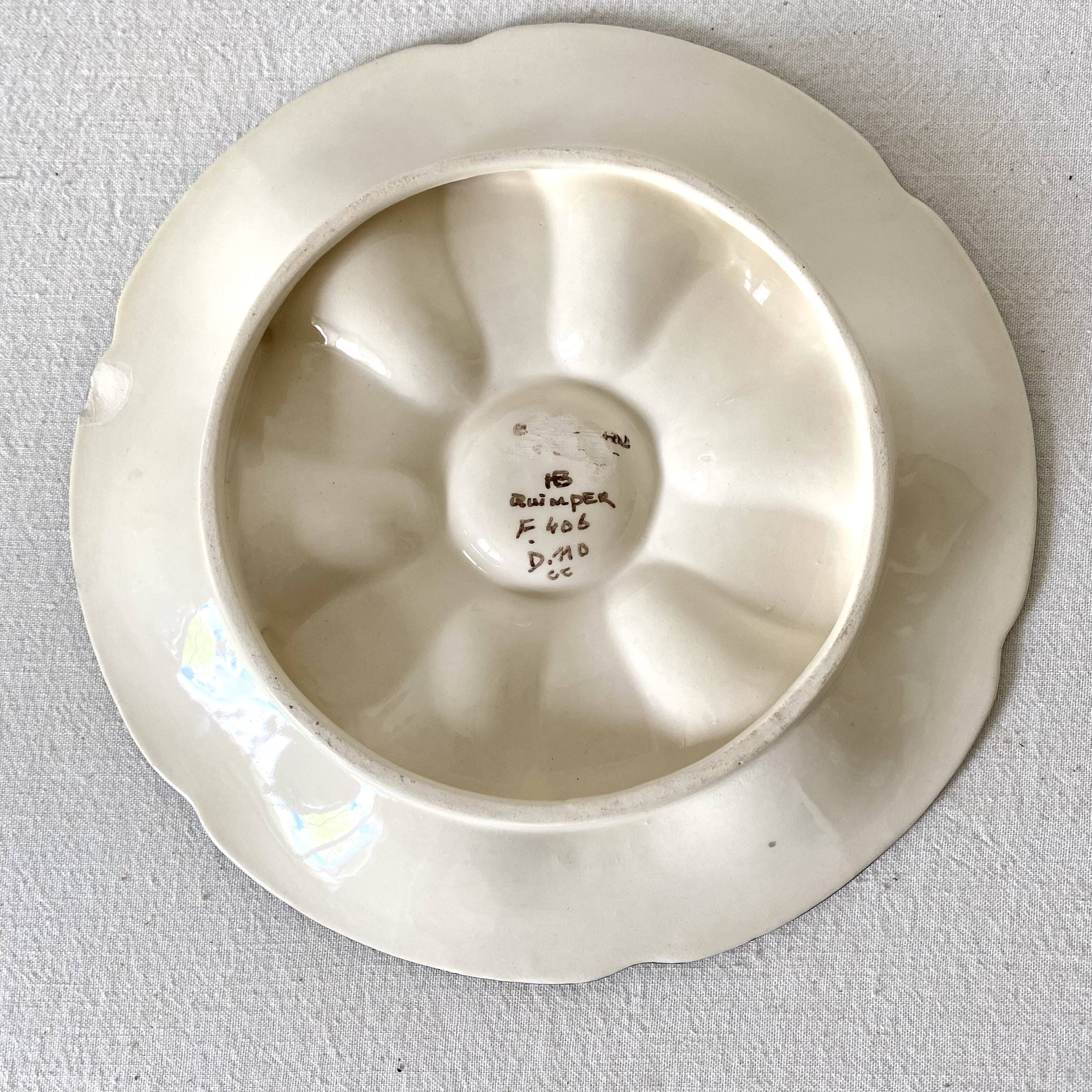 Hand-painted HB Quimper oyster plate