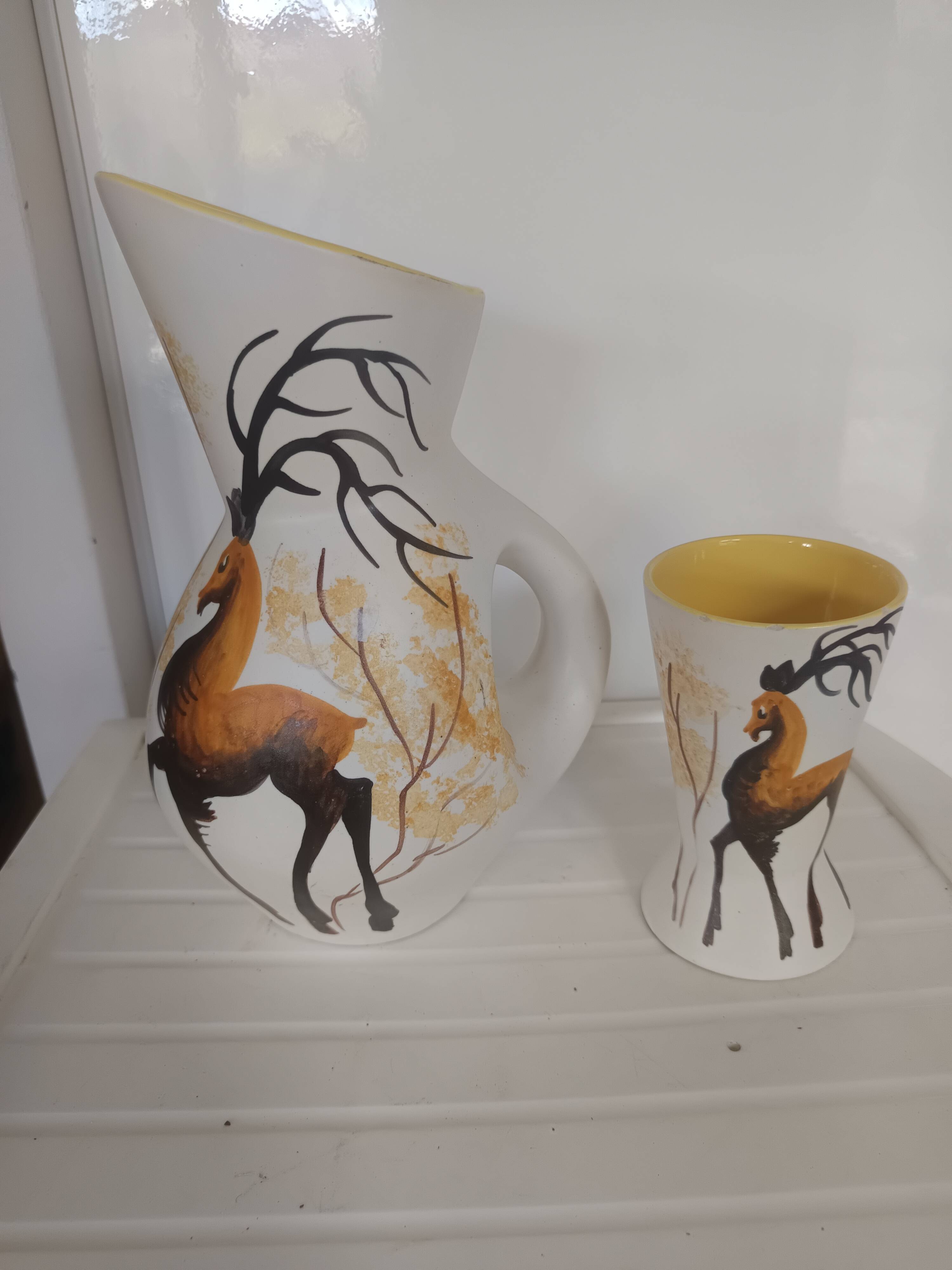 Pichet and glass Vallauris – Jacques Fonck – deer decoration