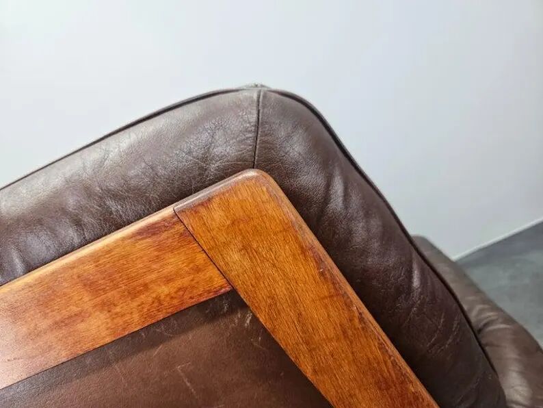 Midcentury Swivel Leather and Wood Armchair Göte Möbler Nässjö, Sweden, 1960s