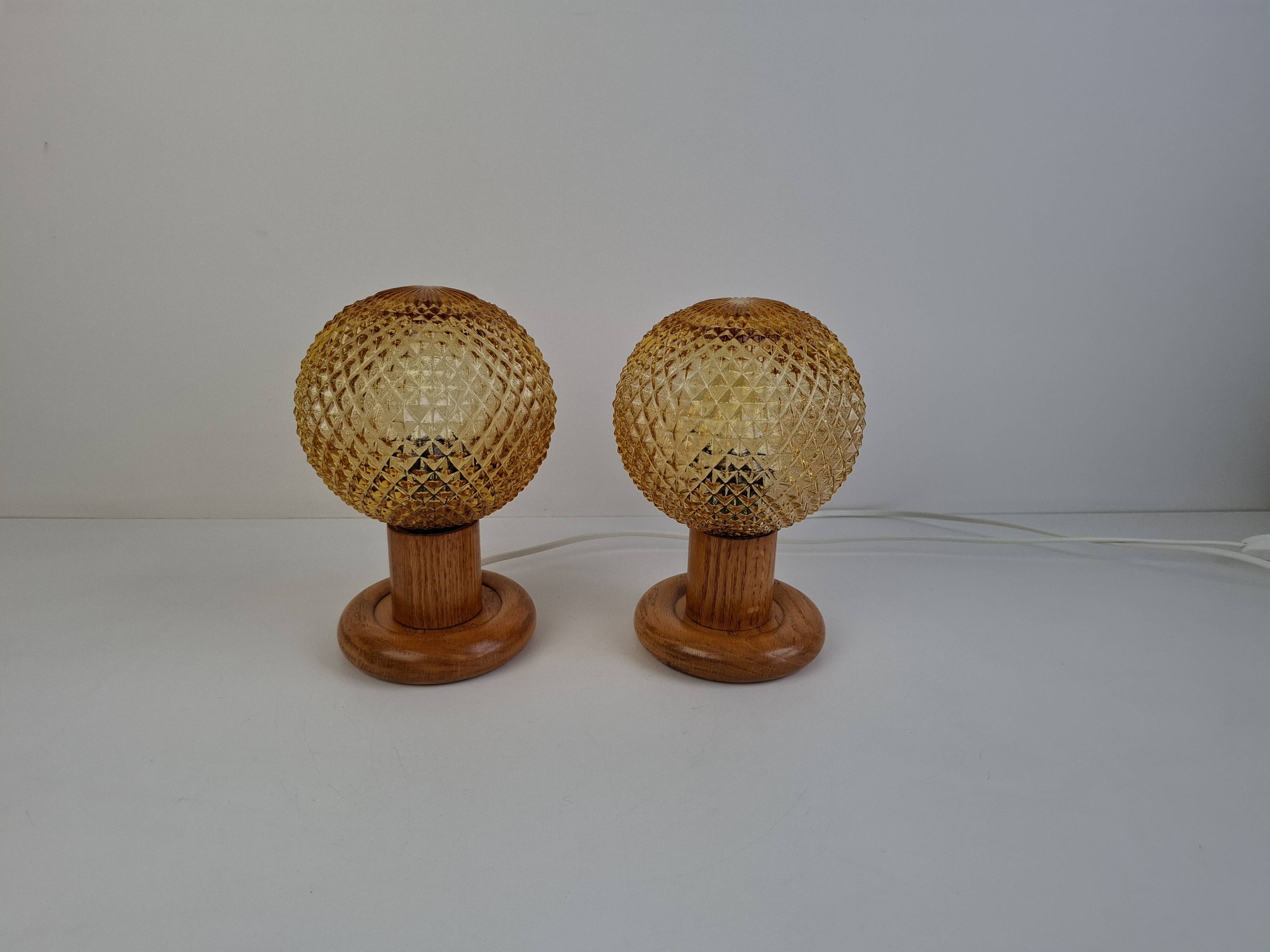 Pair of Mid-Century Table Lamps with Amber Glass and Wooden Base